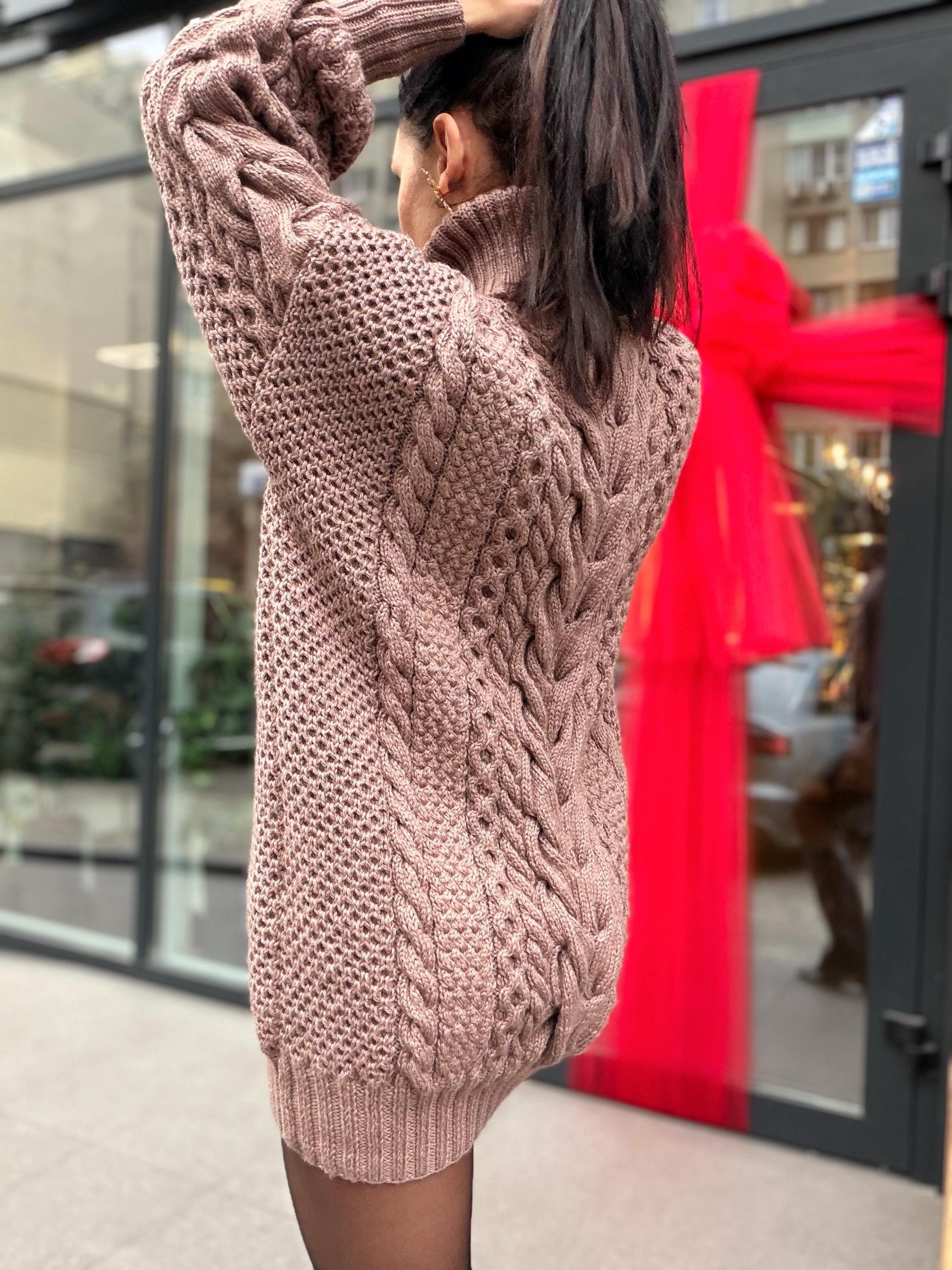 Aran long hand knitted beige light brown merino wool sweater dress Turtleneck cable knit pullover women Сhunky knit big sweater