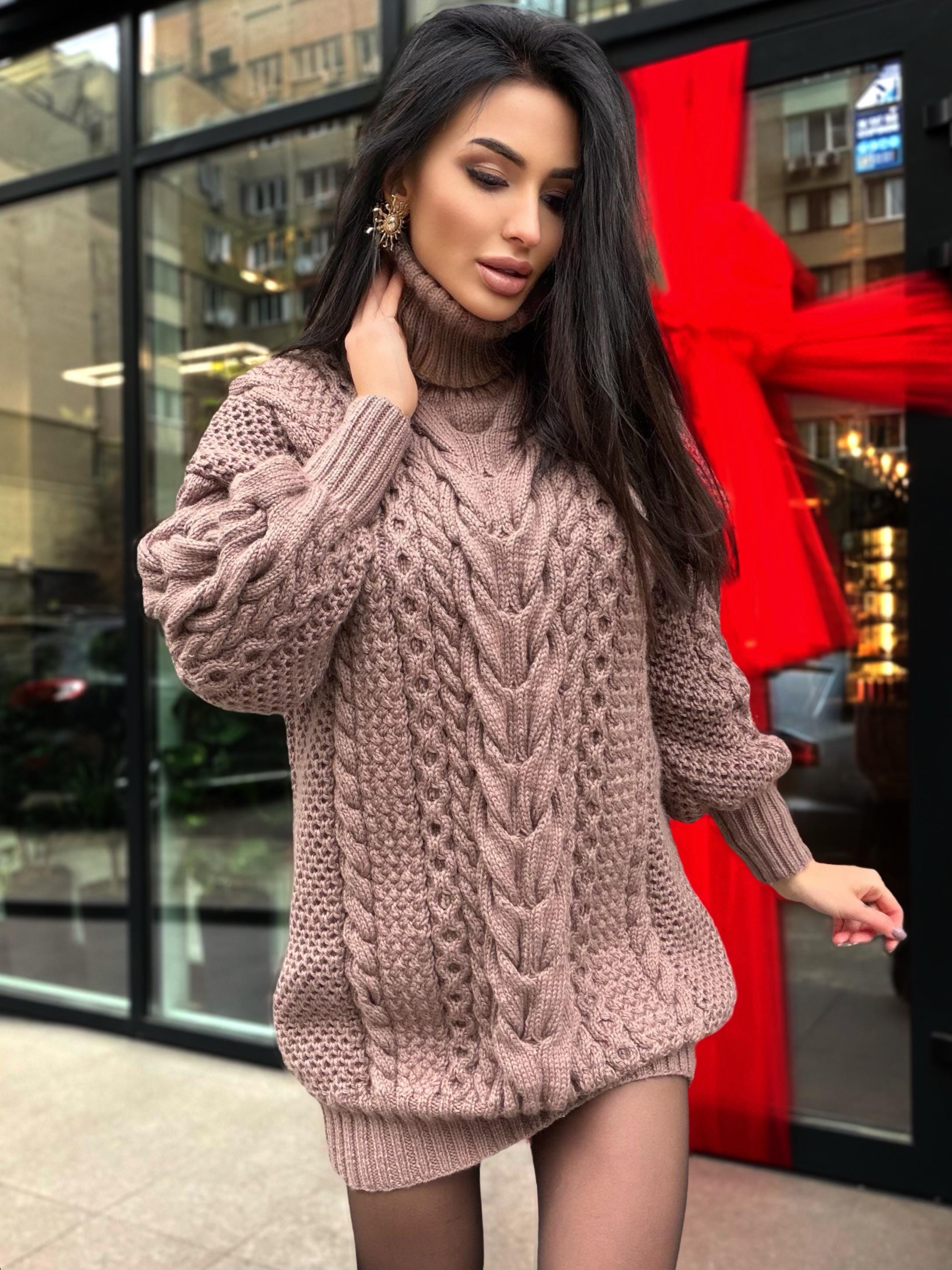 Aran long hand knitted beige light brown merino wool sweater dress Turtleneck cable knit pullover women Сhunky knit big sweater