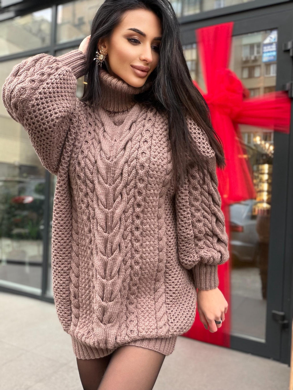 Aran long hand knitted beige light brown merino wool sweater dress Turtleneck cable knit pullover women Сhunky knit big sweater