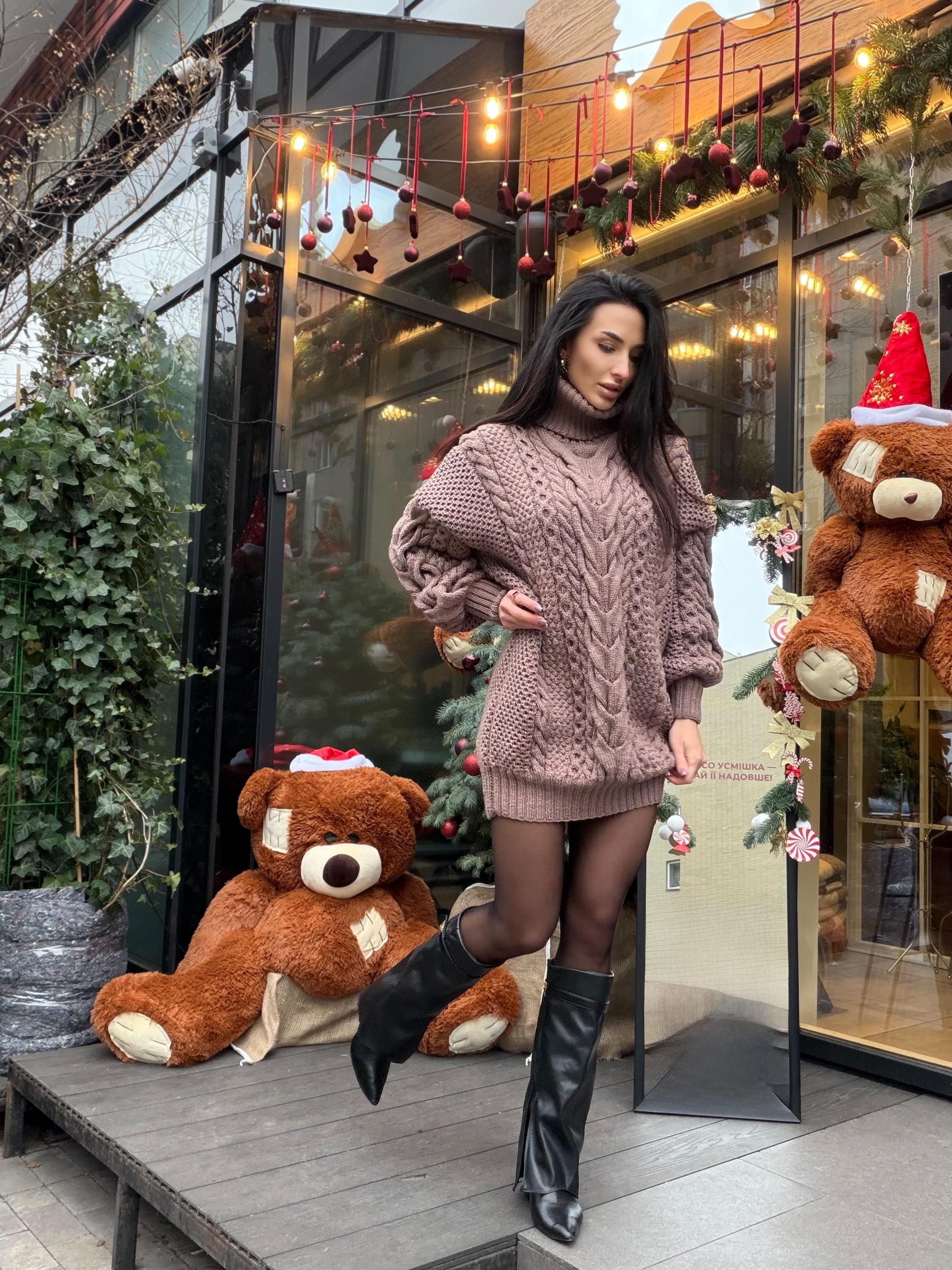 Aran long hand knitted beige light brown merino wool sweater dress Turtleneck cable knit pullover women Сhunky knit big sweater