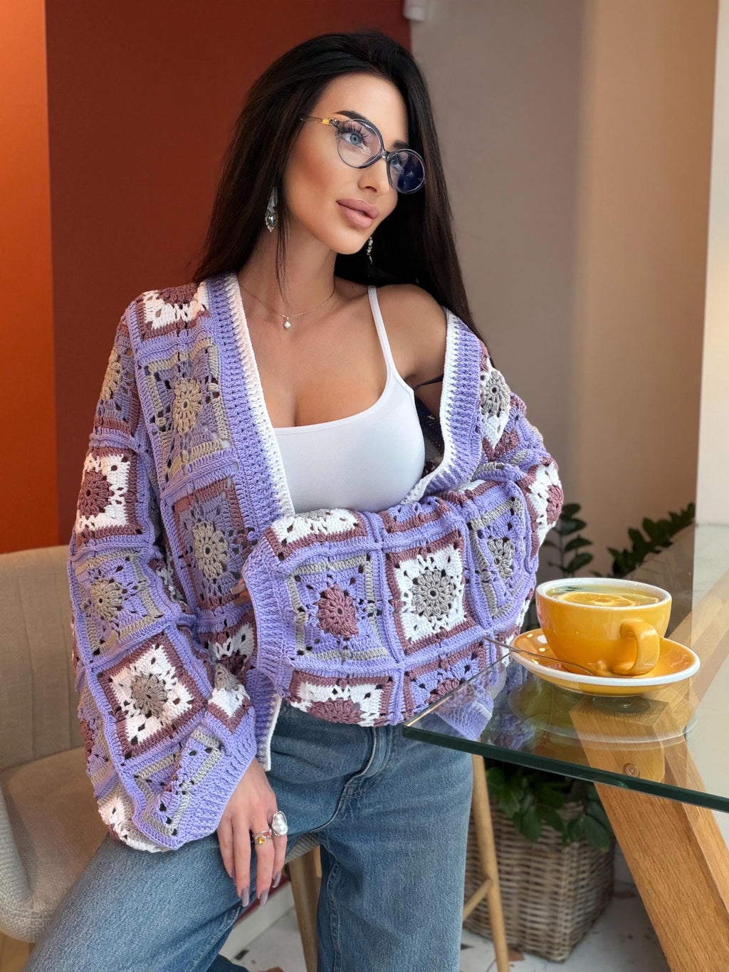 Crochet granny square Lilac cotton cardigan Crochet colorful cardigan Patchwork women Jacket Crochet coat Boho cardigan Afghan Coat Festival