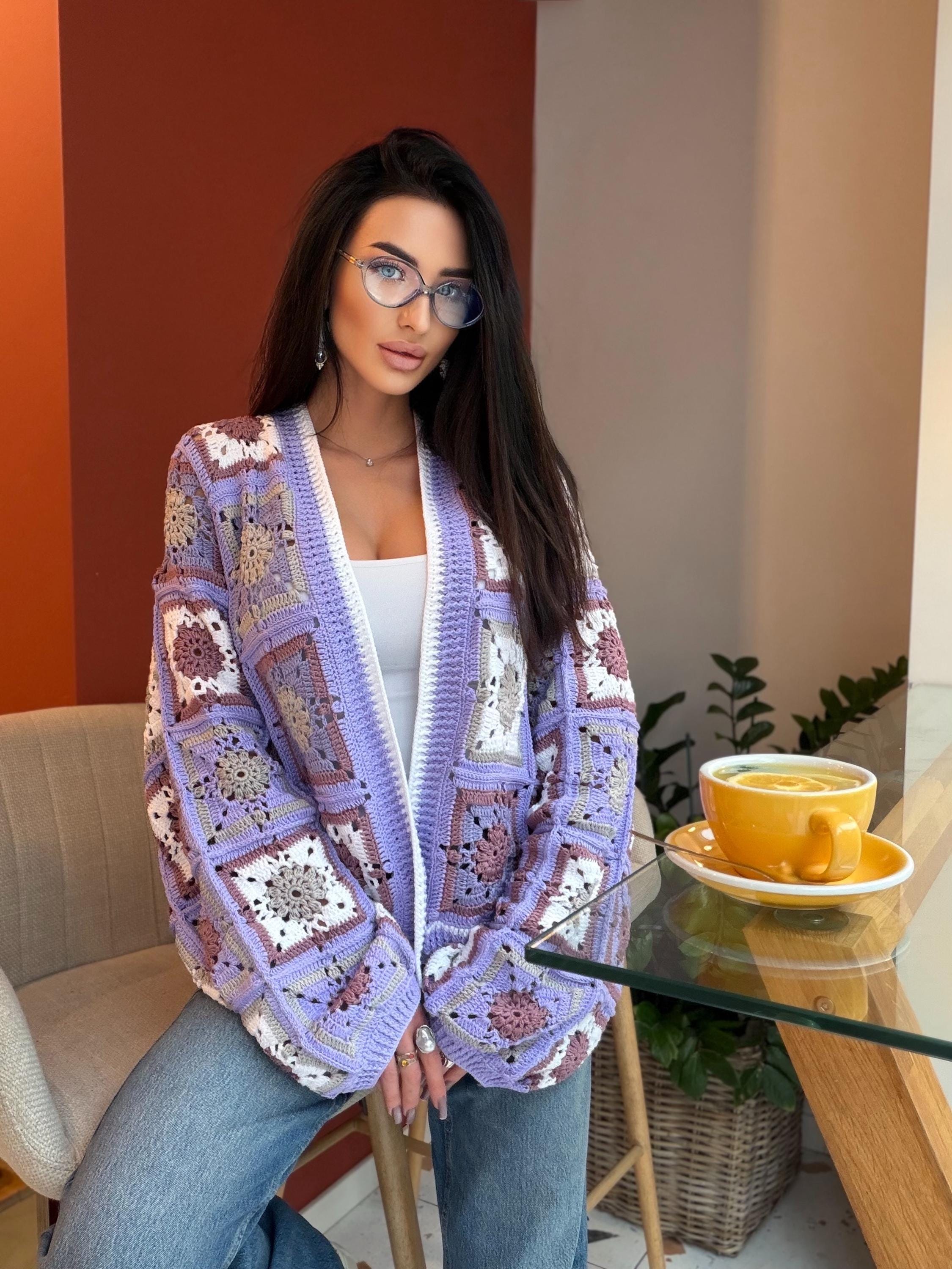 Crochet granny square Lilac cotton cardigan Crochet colorful cardigan Patchwork women Jacket Crochet coat Boho cardigan Afghan Coat Festival