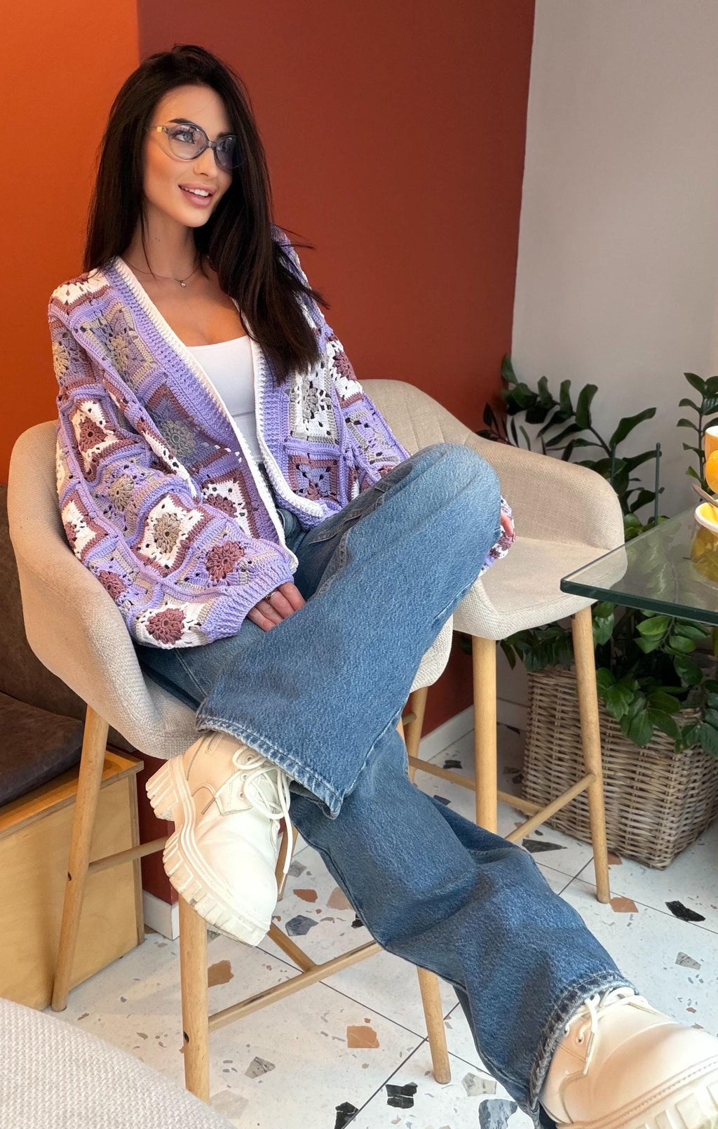 Crochet granny square Lilac cotton cardigan Crochet colorful cardigan Patchwork women Jacket Crochet coat Boho cardigan Afghan Coat Festival