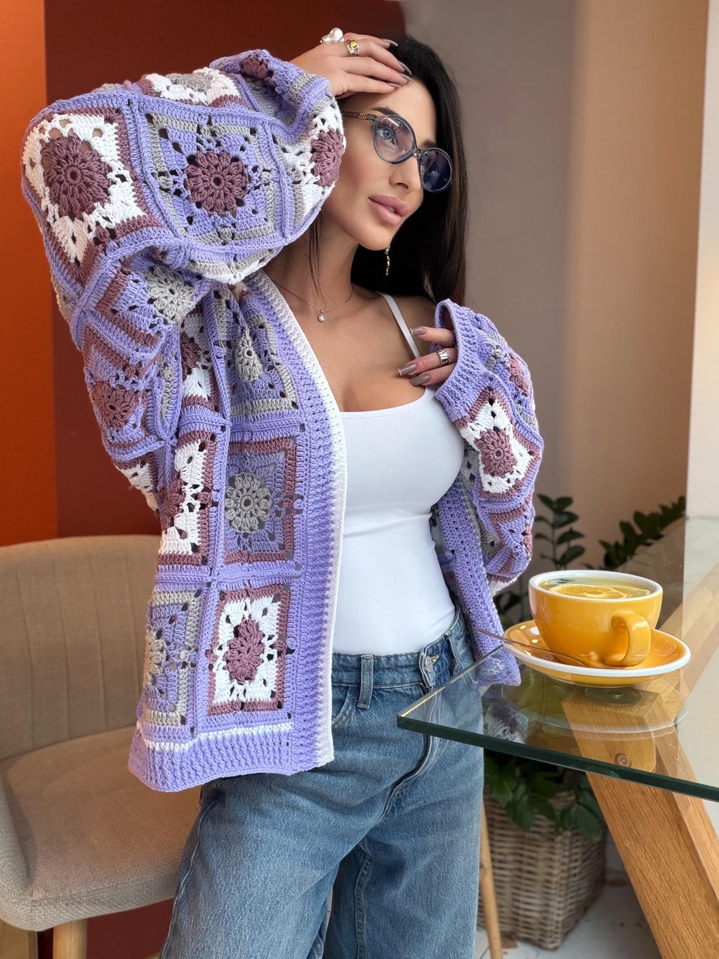Crochet granny square Lilac cotton cardigan Crochet colorful cardigan Patchwork women Jacket Crochet coat Boho cardigan Afghan Coat Festival