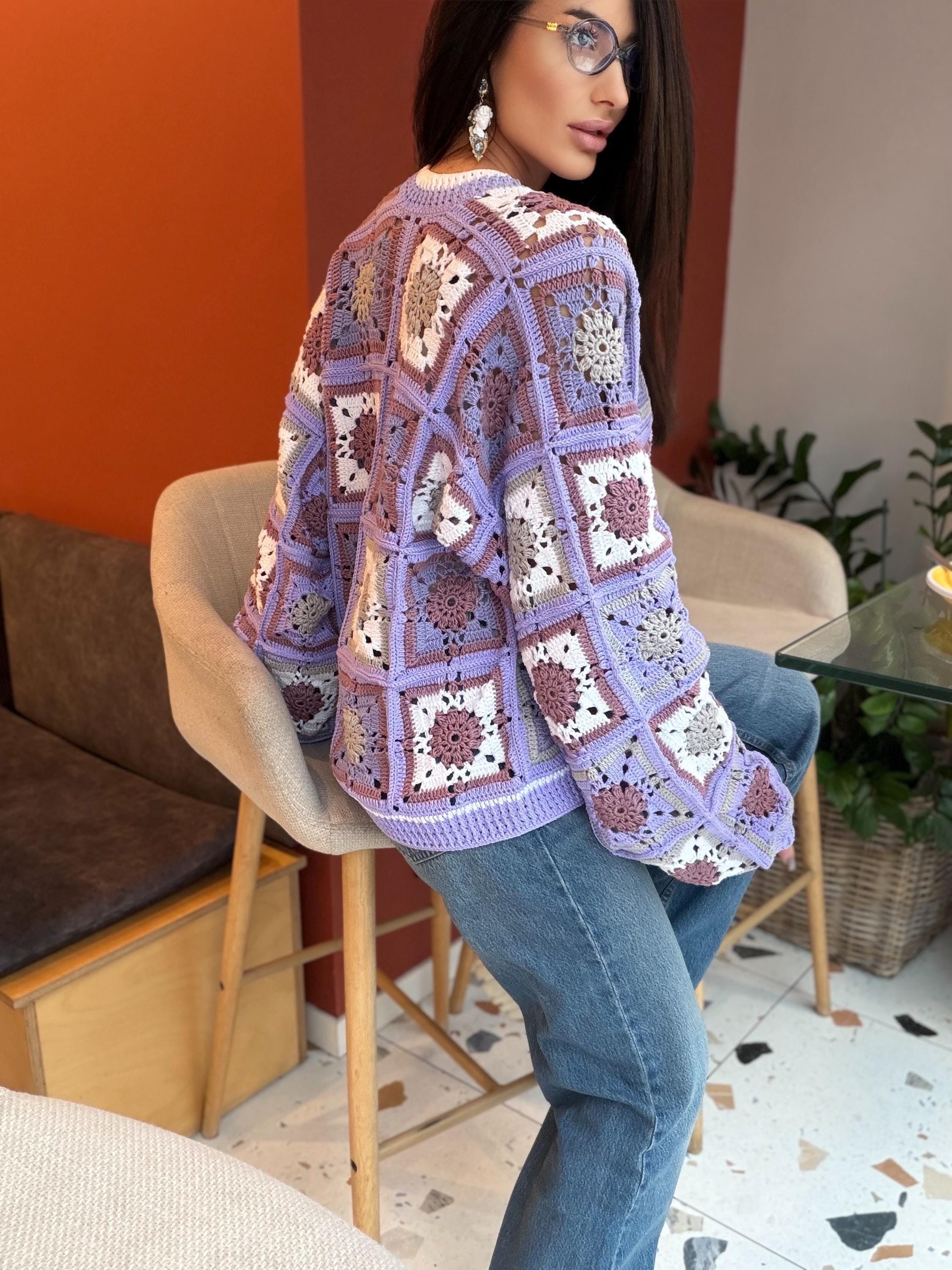 Crochet granny square Lilac cotton cardigan Crochet colorful cardigan Patchwork women Jacket Crochet coat Boho cardigan Afghan Coat Festival