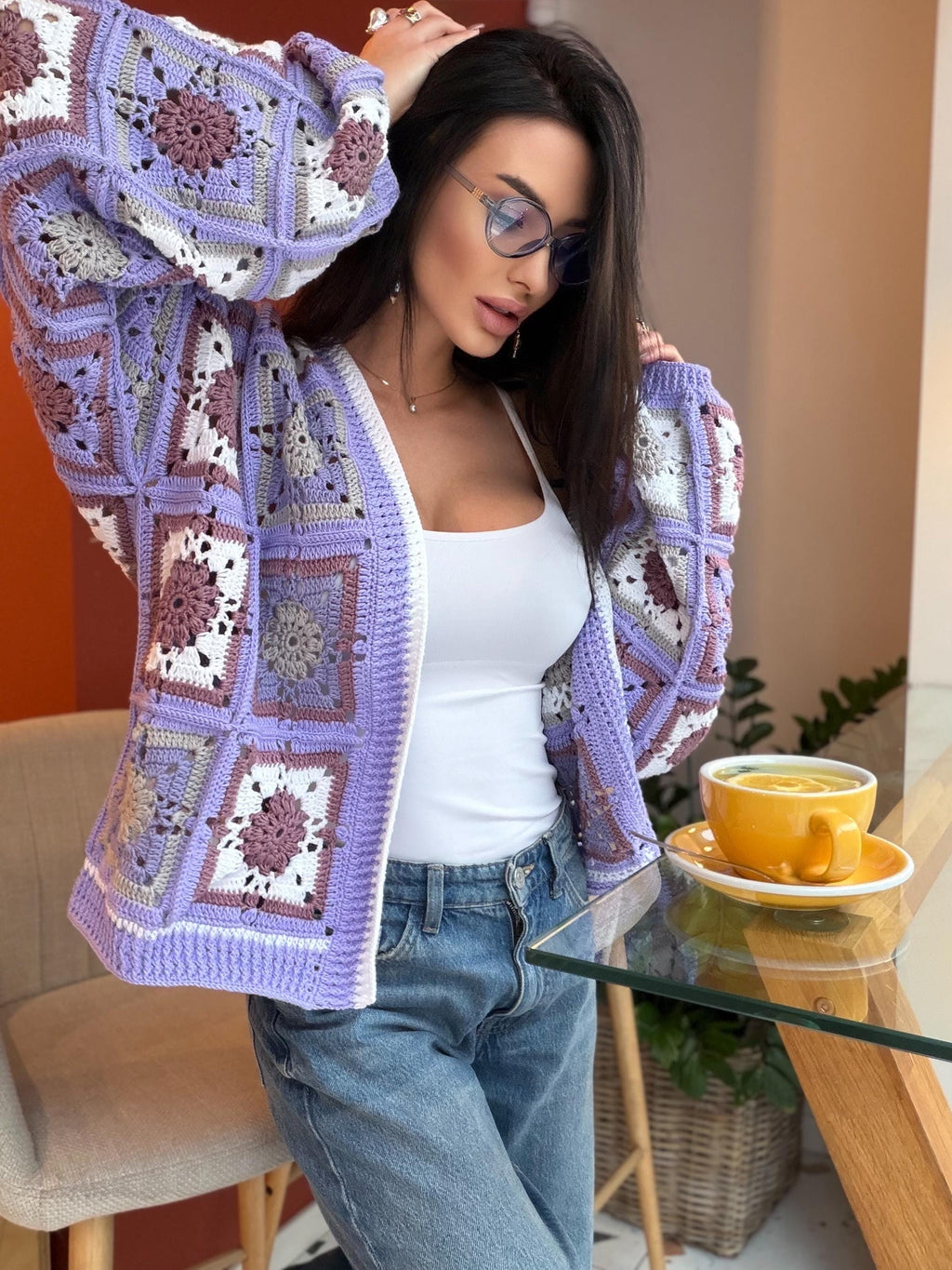 Crochet granny square Lilac cotton cardigan Crochet colorful cardigan Patchwork women Jacket Crochet coat Boho cardigan Afghan Coat Festival