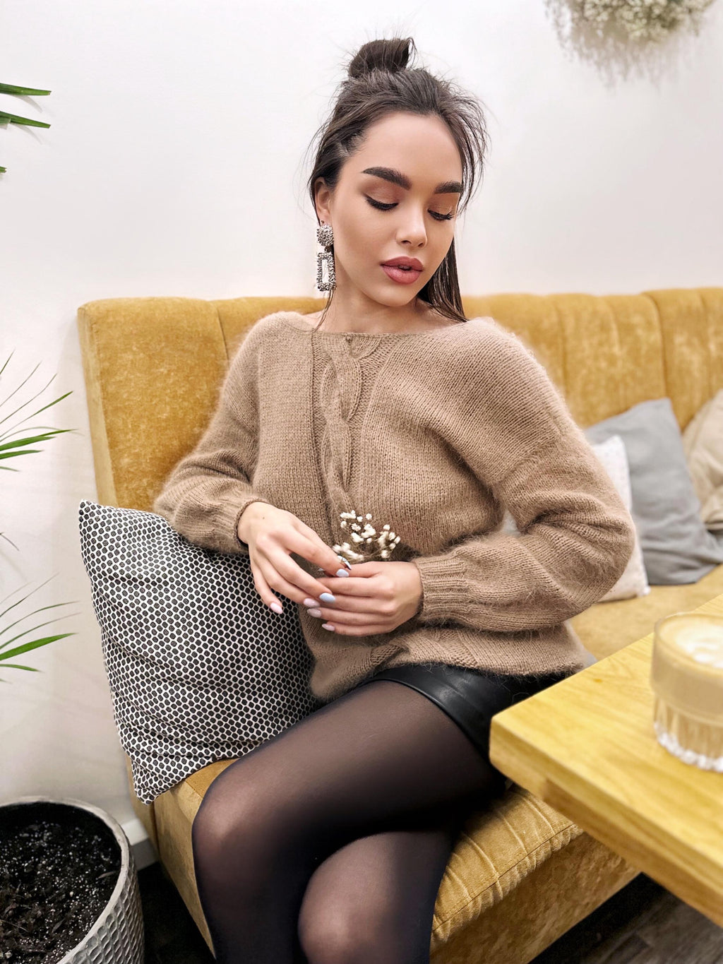 Hand knit angora wool beige V nek sweater Open back Deep neckline Pastel cozy fluffy angora pullover oversized Top long sleevs