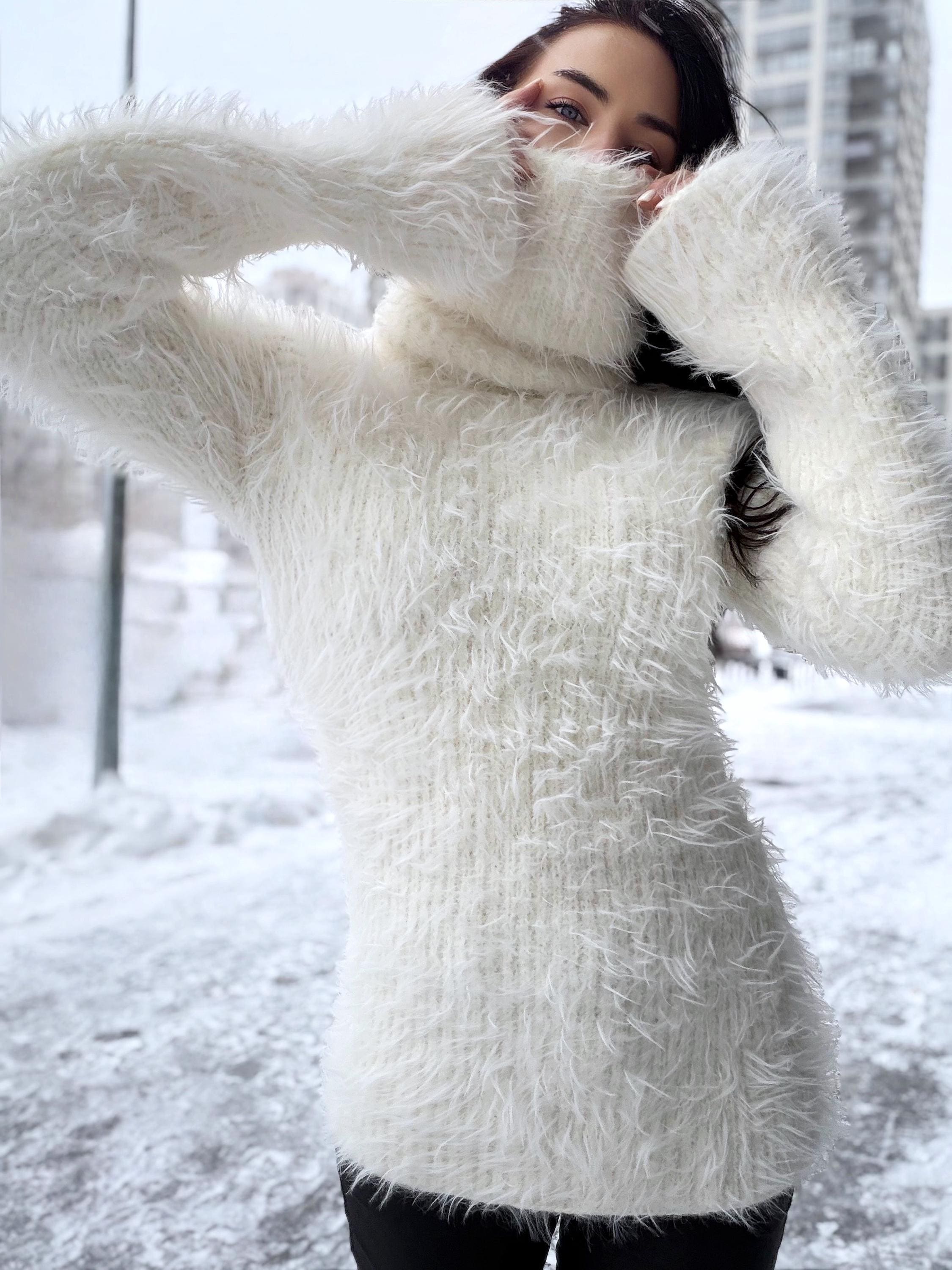 Large big hand knit turtleneck white milk fluffy merino wool in rubles sweater Large roll collar Long soft chunky knit sweater dress