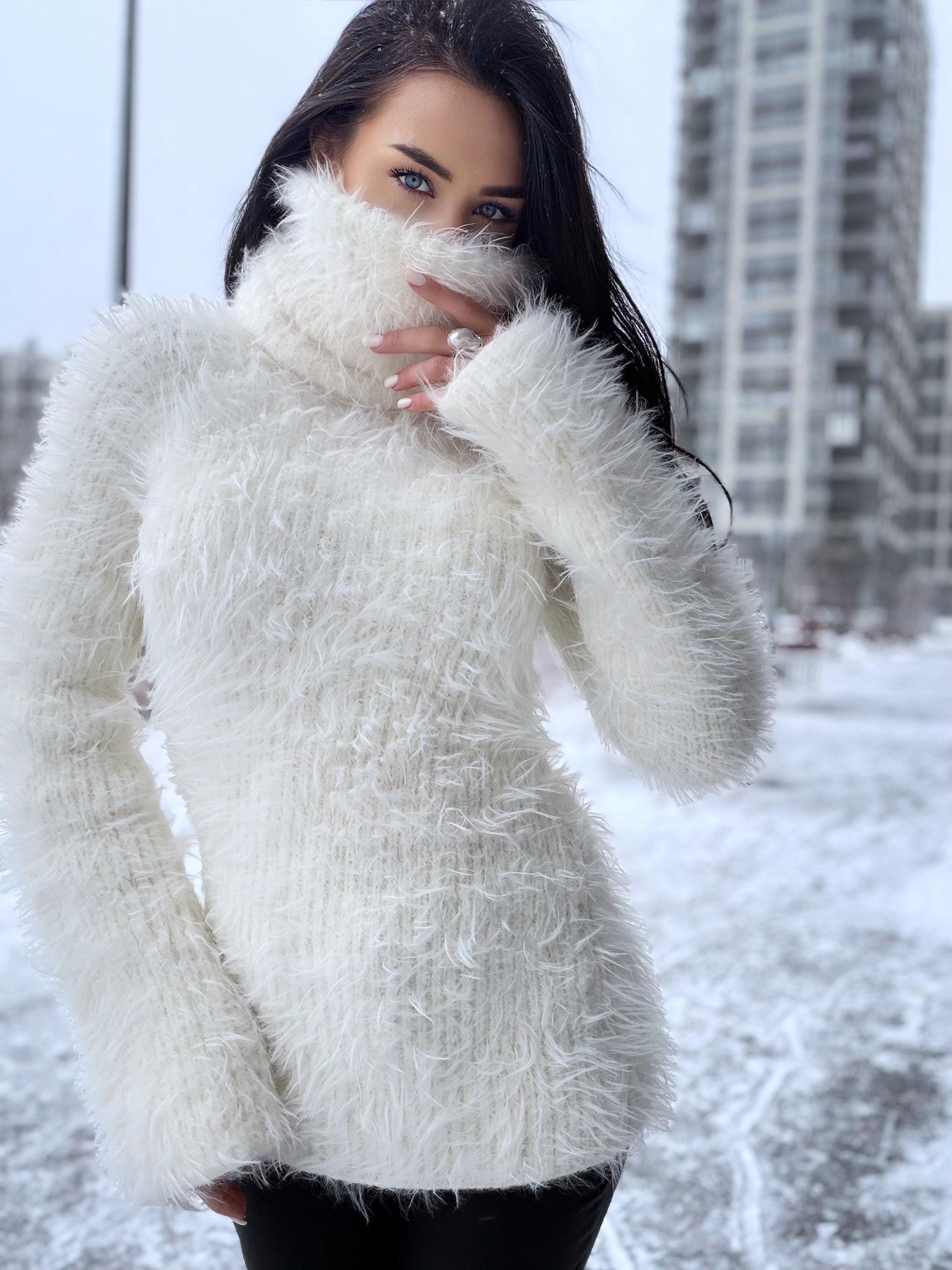 Hand knit white milk fluffy big merino wool cream turtleneck sweater High collar long soft chunky knit sweater dress Cable knit big pullover