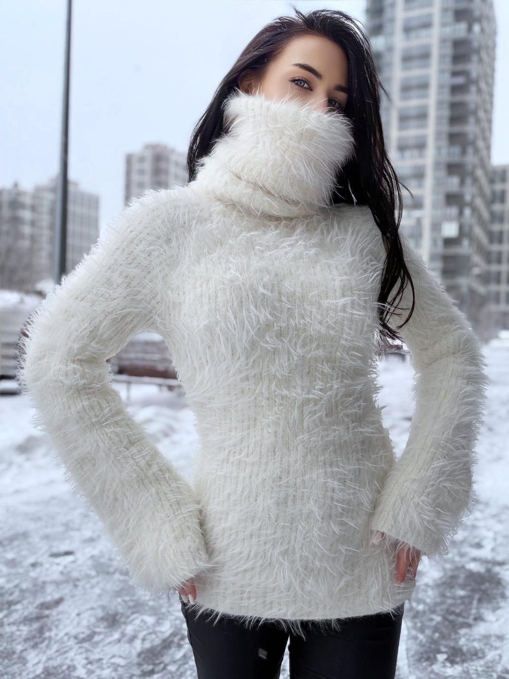 Hand knit white milk fluffy big merino wool cream turtleneck sweater High collar long soft chunky knit sweater dress Cable knit big pullover