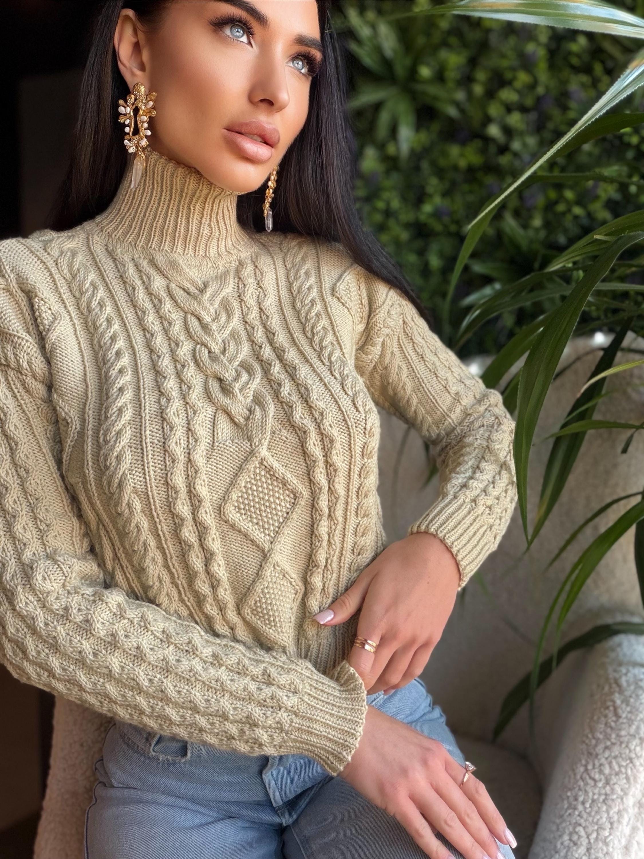 Hand knit merino wool light beige aran Scandinavian sweater Chunky knit turtleneck pullover Oversize crop sweater Women cable knit sweater