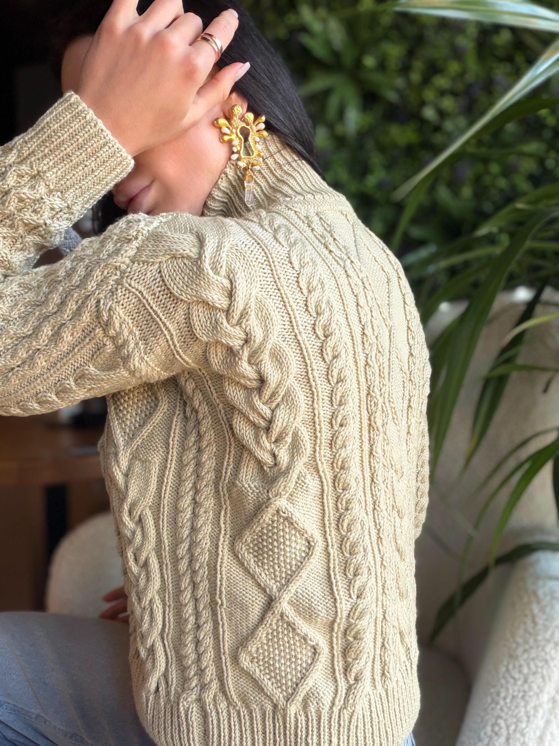 Hand knit merino wool light beige aran Scandinavian sweater Chunky knit turtleneck pullover Oversize crop sweater Women cable knit sweater