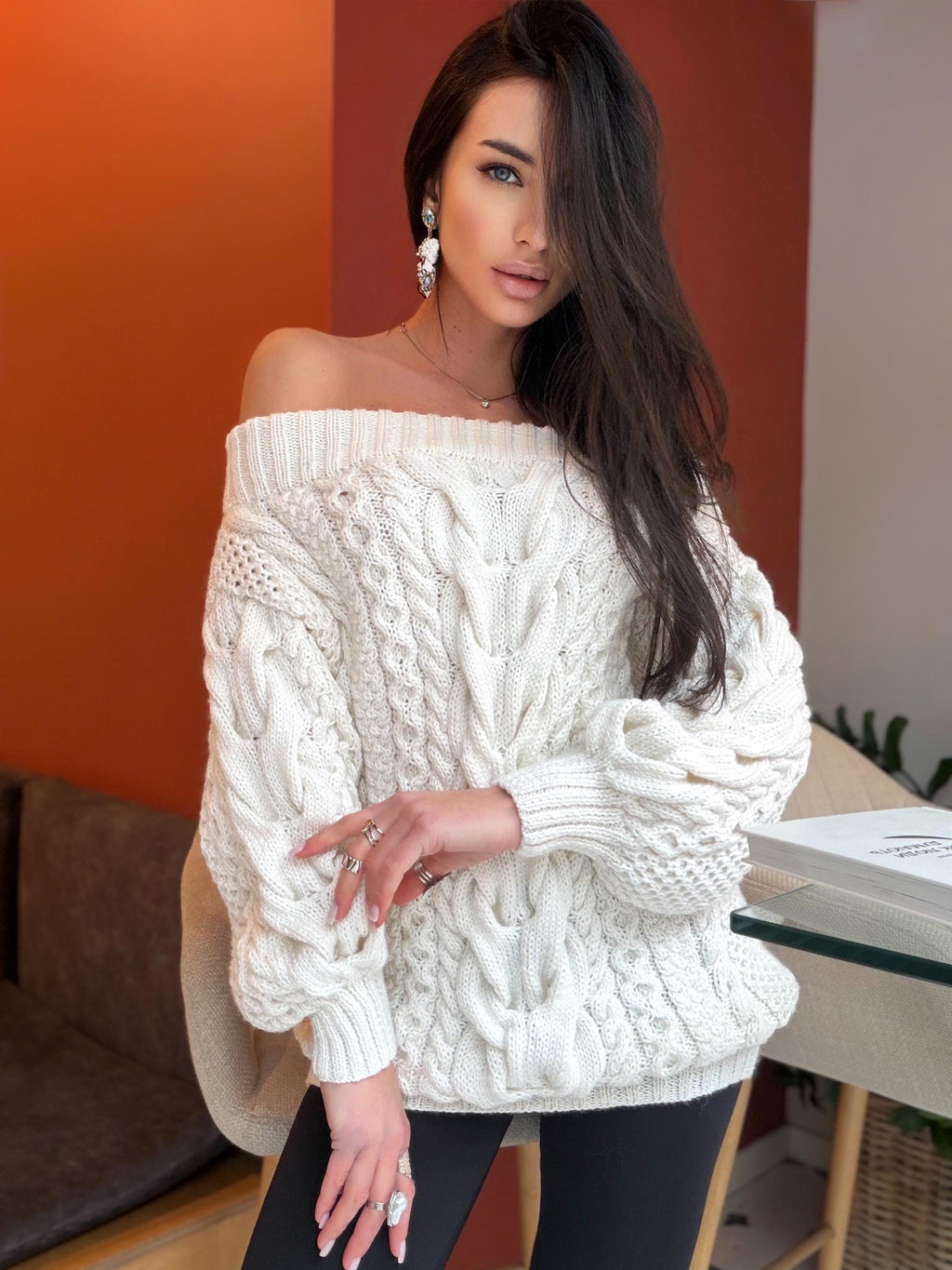 Hand knit white milk cable knit off shoulders sweater dress women Large Cable knit merino wool sweater Chunky knit one shoulder dress