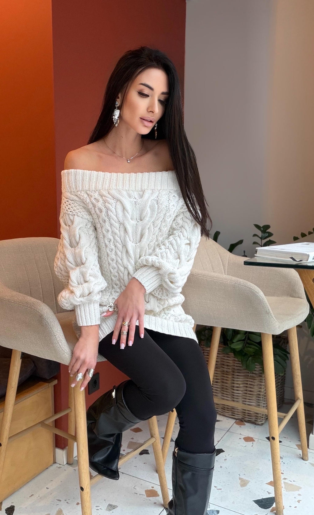 Hand knit white milk cable knit off shoulders sweater dress women Large Cable knit merino wool sweater Chunky knit one shoulder dress