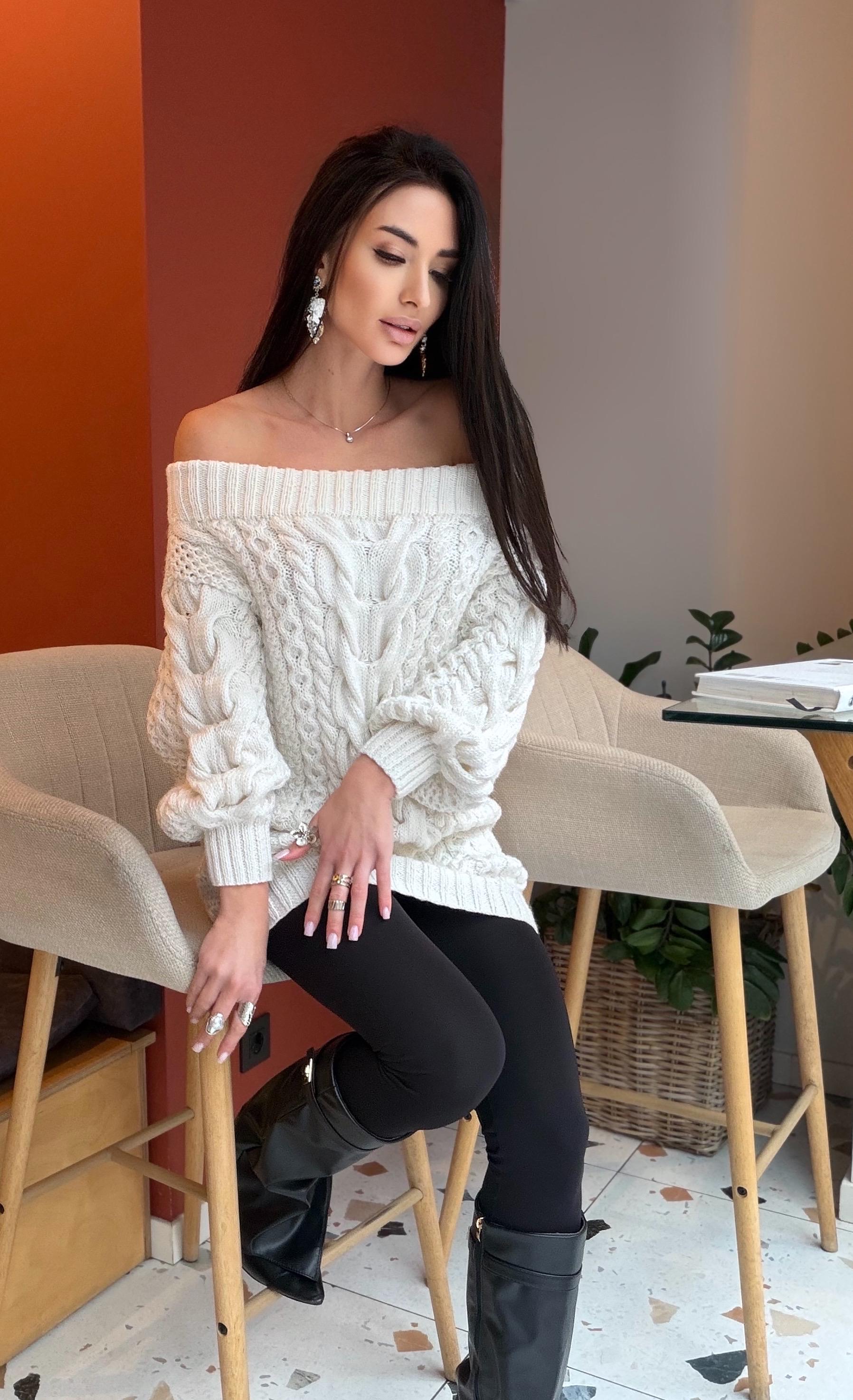Hand knit white milk cable knit off shoulders sweater dress women Large Cable knit merino wool sweater Chunky knit one shoulder dress