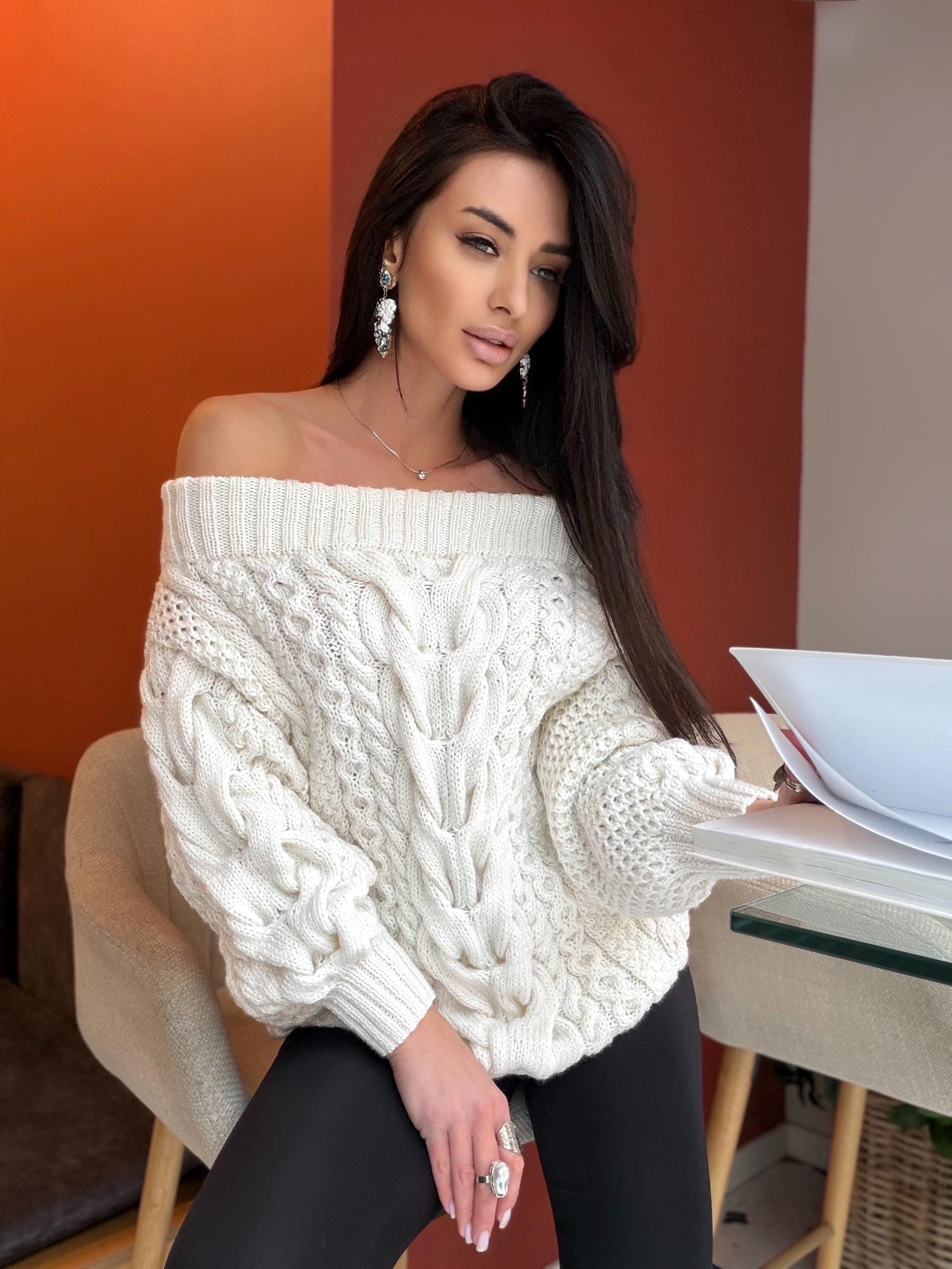 Hand knit white milk cable knit off shoulders sweater dress women Large Cable knit merino wool sweater Chunky knit one shoulder dress