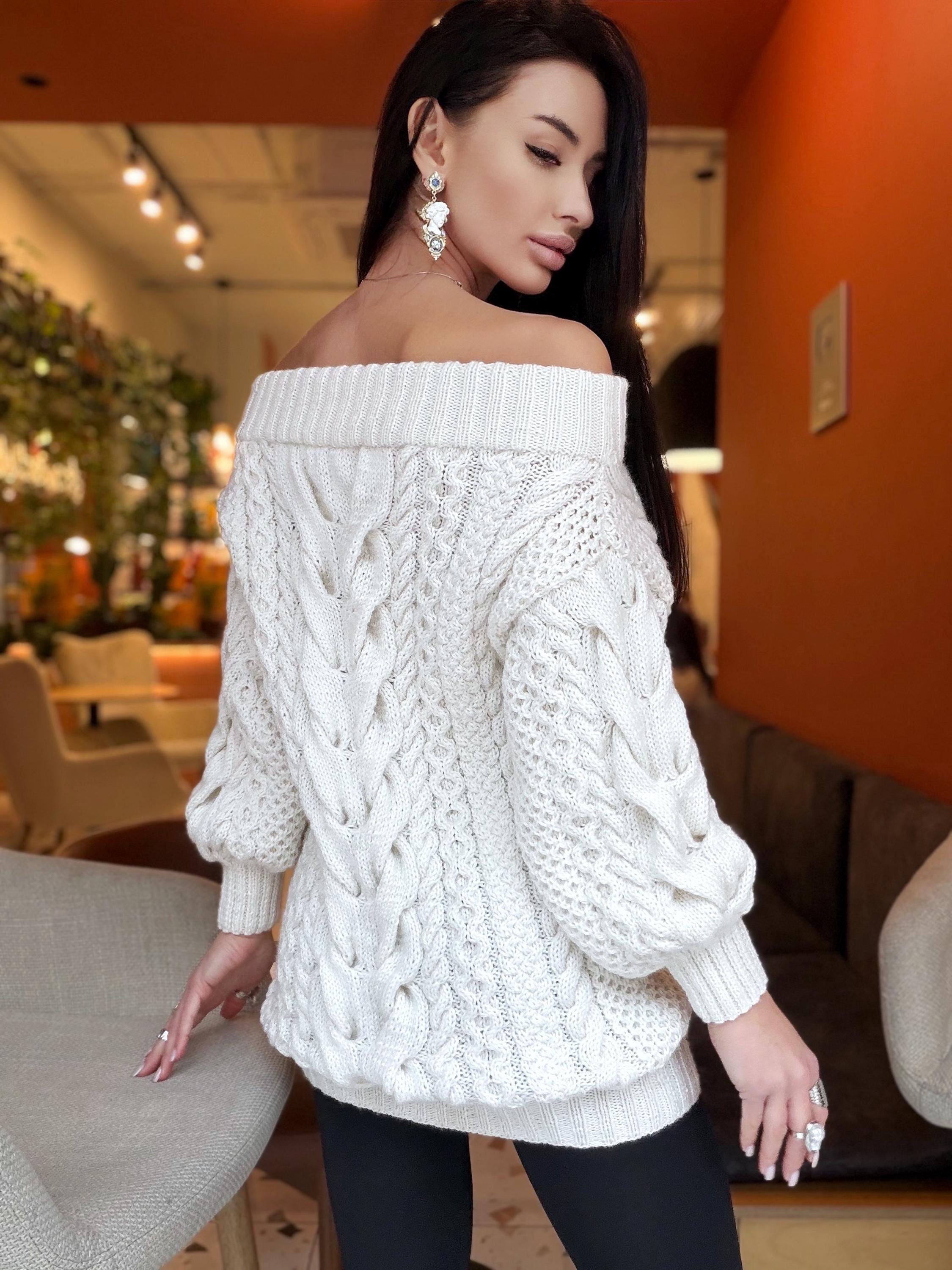 Hand knit white milk cable knit off shoulders sweater dress women Large Cable knit merino wool sweater Chunky knit one shoulder dress