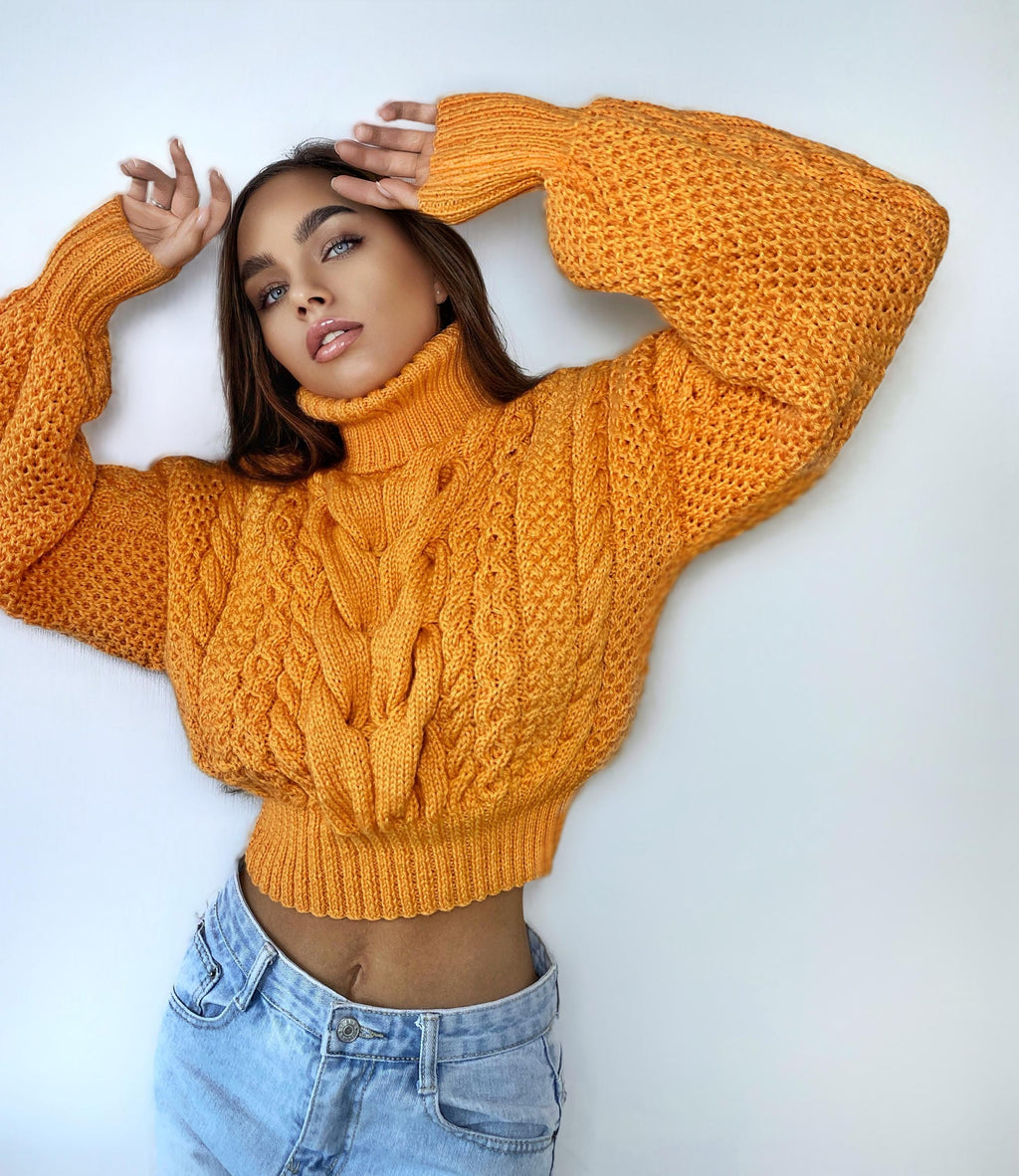 Crop hand knitted orange sweater Chunky Knit Turtleneck Oversized Pullover Women's Cable knit Jumper merino wool winter sweater