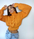 Crop hand knitted orange sweater Chunky Knit Turtleneck Oversized Pullover Women's Cable knit Jumper merino wool winter sweater
