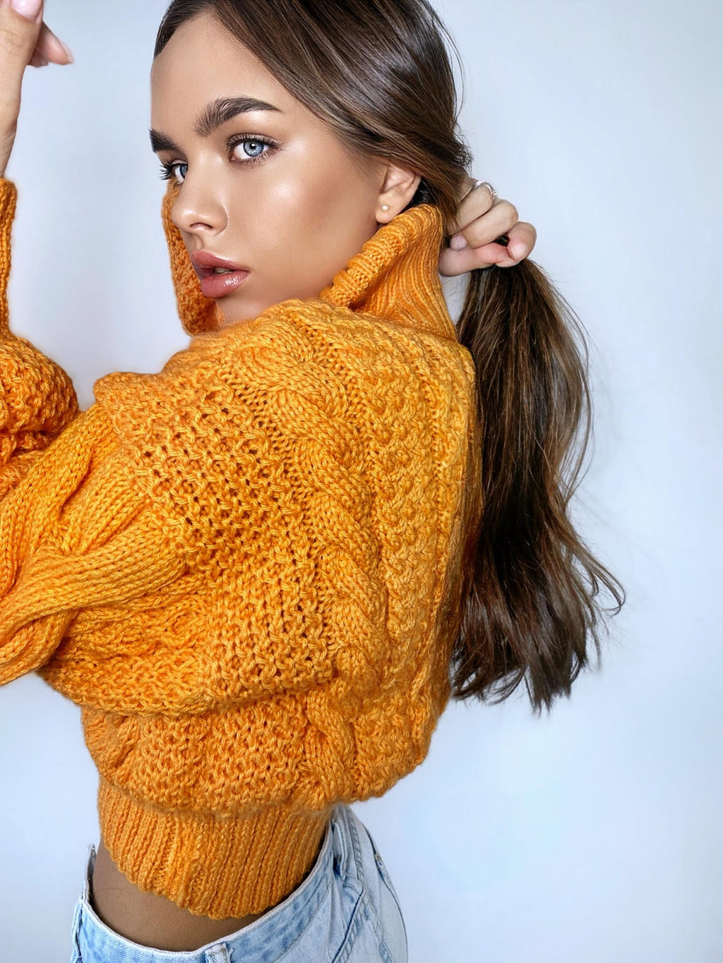 Crop hand knitted orange sweater Chunky Knit Turtleneck Oversized Pullover Women's Cable knit Jumper merino wool winter sweater