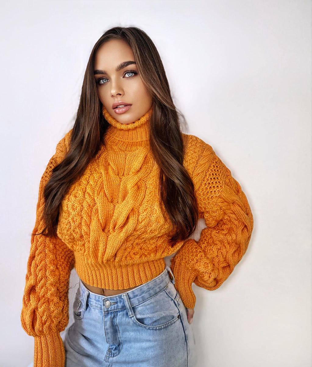 Crop hand knitted orange sweater Chunky Knit Turtleneck Oversized Pullover Women's Cable knit Jumper merino wool winter sweater