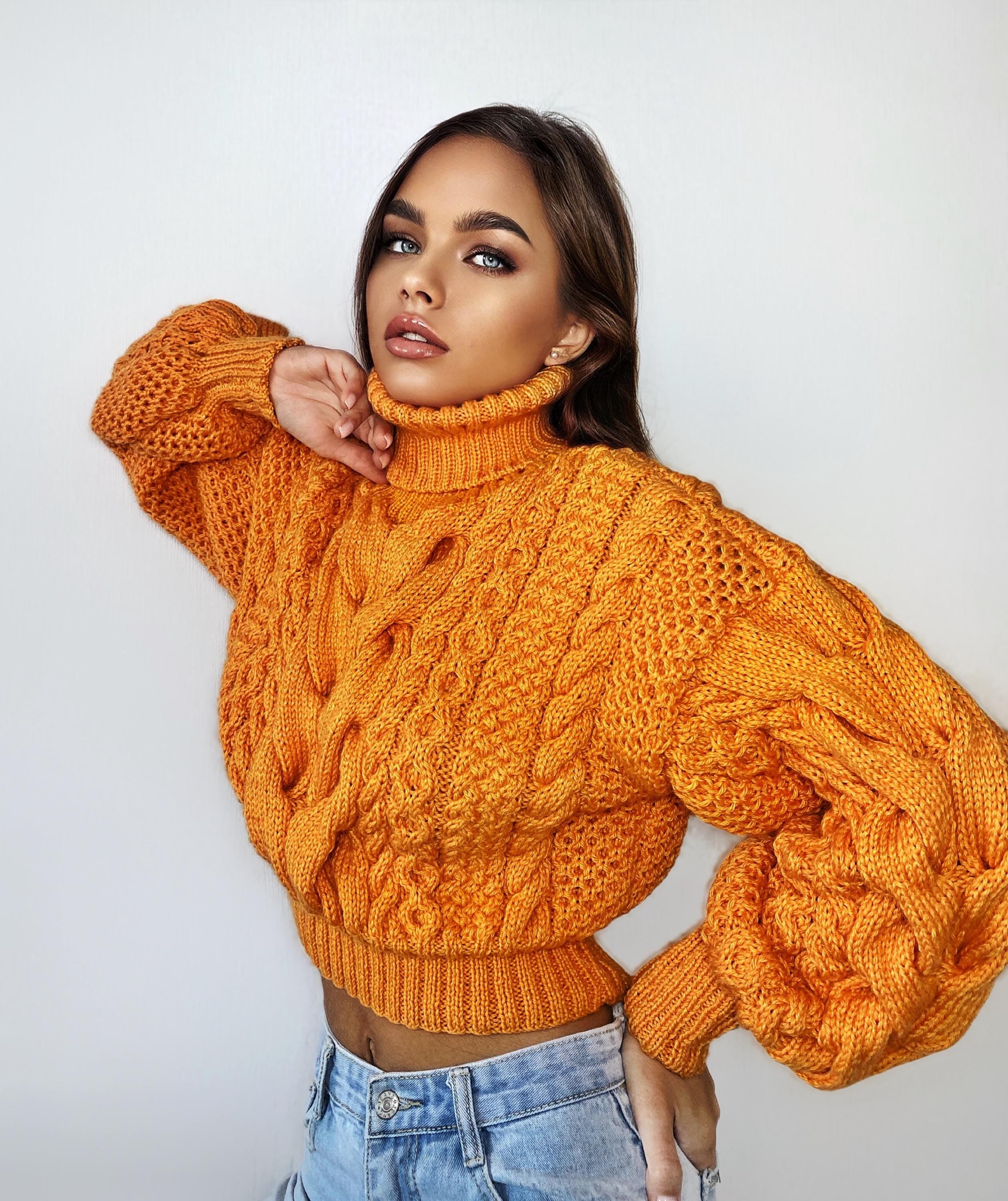 Crop hand knitted orange sweater Chunky Knit Turtleneck Oversized Pullover Women's Cable knit Jumper merino wool winter sweater