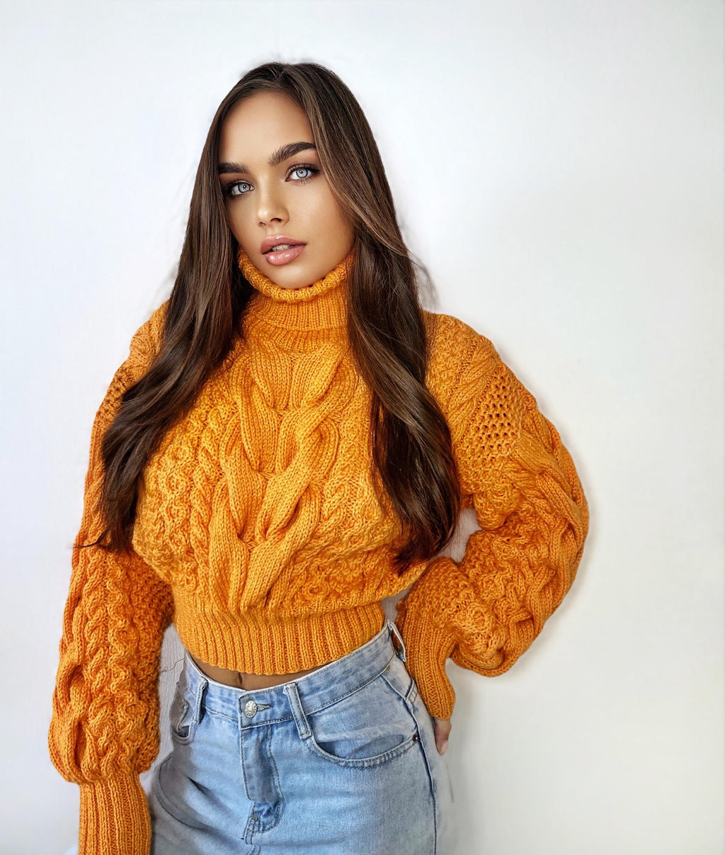 Fall Pumpkin Sweater Crop halloween hand knitted orange merino wool pullover Chunky Knit Turtleneck Women's Cable knit Jumper merino wool