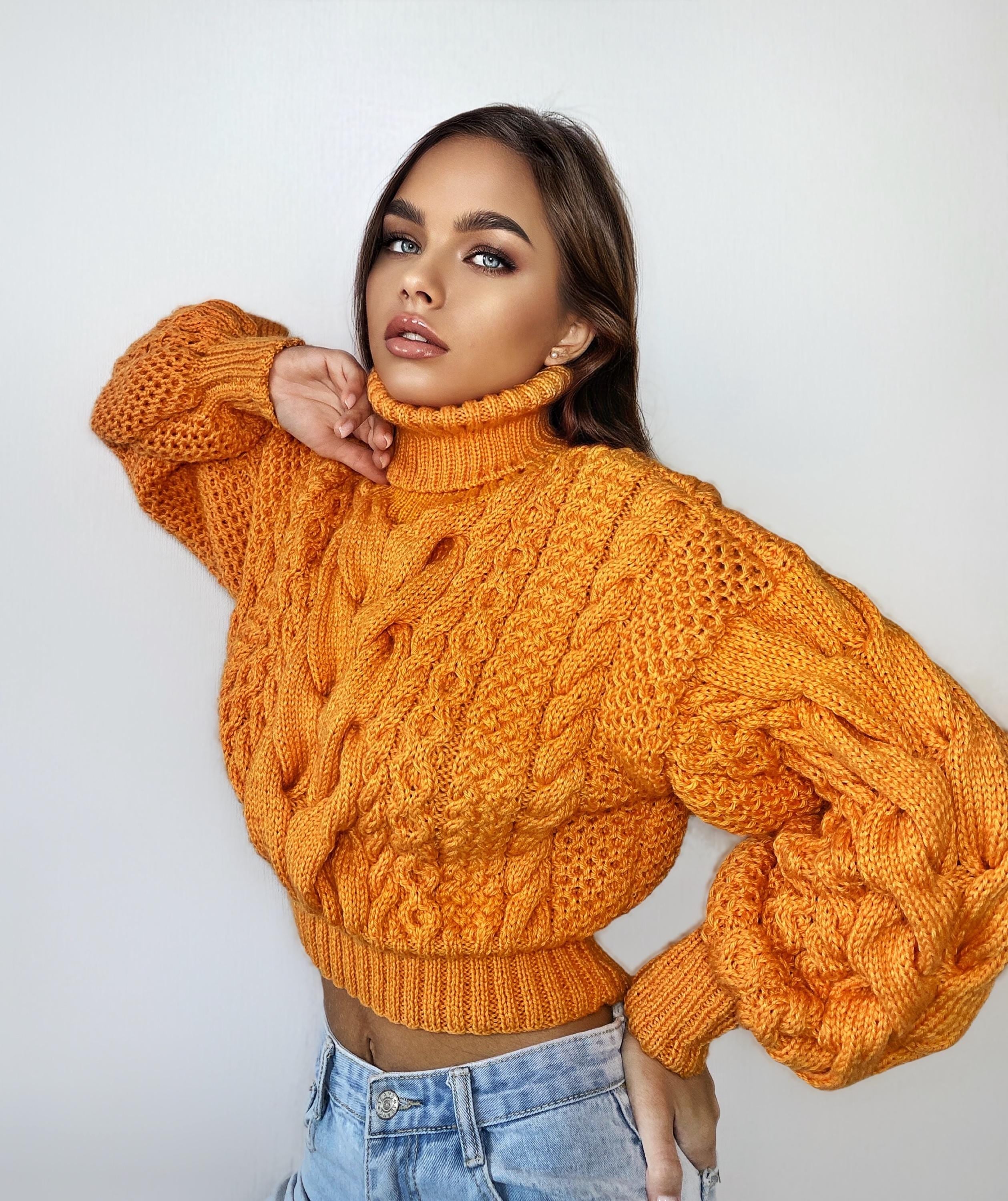 Fall Pumpkin Sweater Crop halloween hand knitted orange merino wool pullover Chunky Knit Turtleneck Women's Cable knit Jumper merino wool