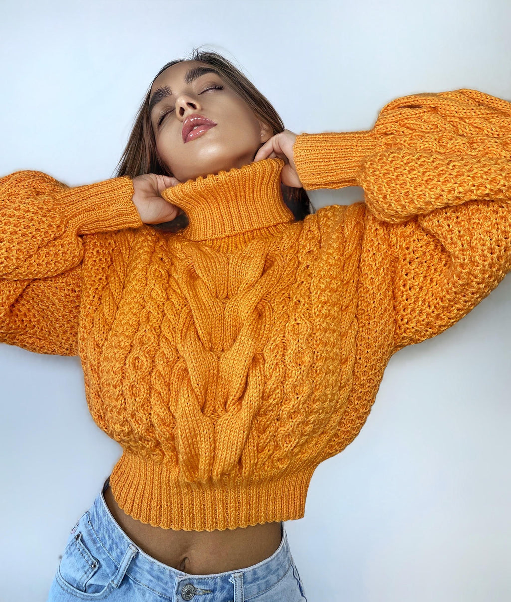 Fall Pumpkin Sweater Crop halloween hand knitted orange merino wool pullover Chunky Knit Turtleneck Women's Cable knit Jumper merino wool