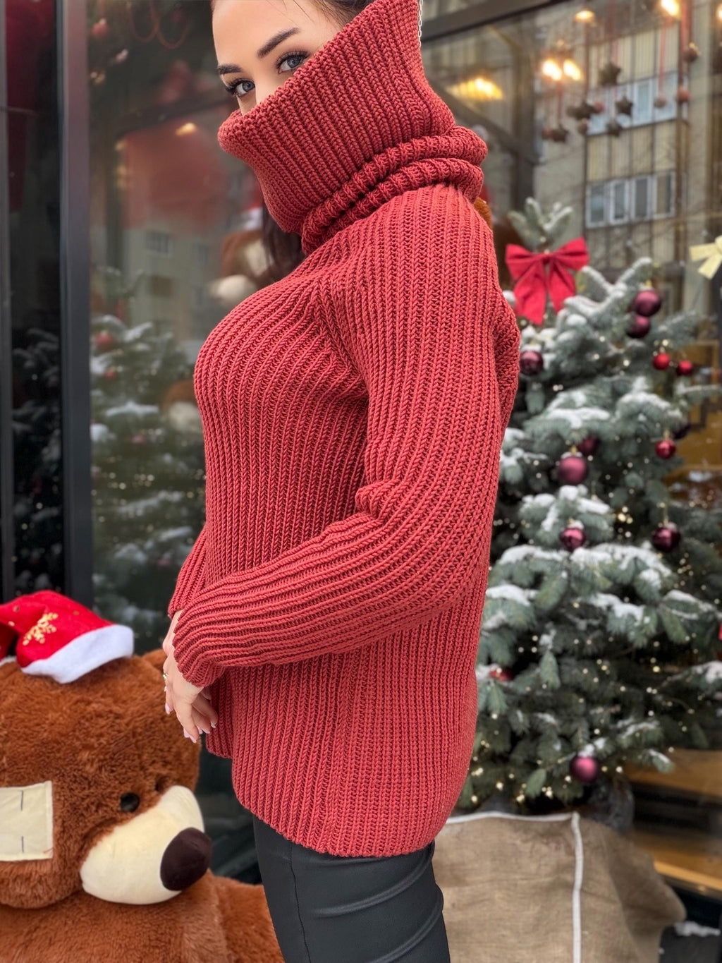 Hand knit merino wool terracotta brick red color big turtleneck high collar long sweaterdress Cable Knit Womens Chunky knit pullover