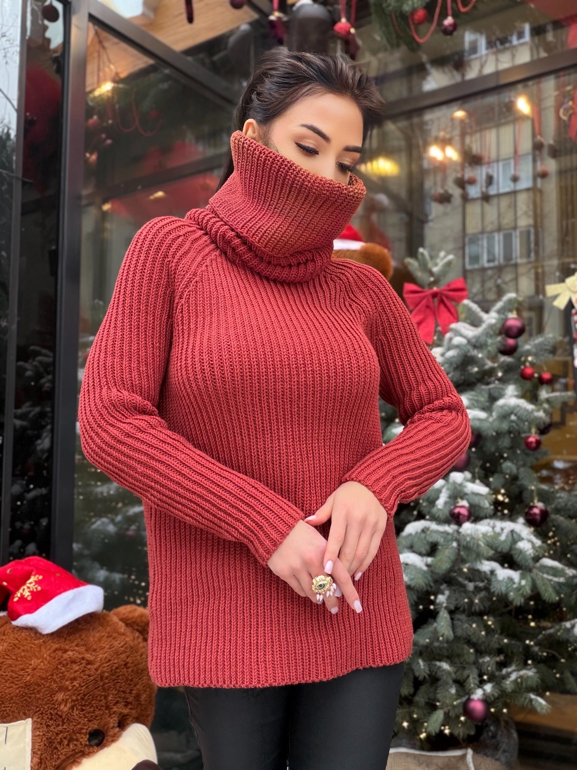 Hand knit merino wool terracotta brick red color big turtleneck high collar long sweaterdress Cable Knit Womens Chunky knit pullover