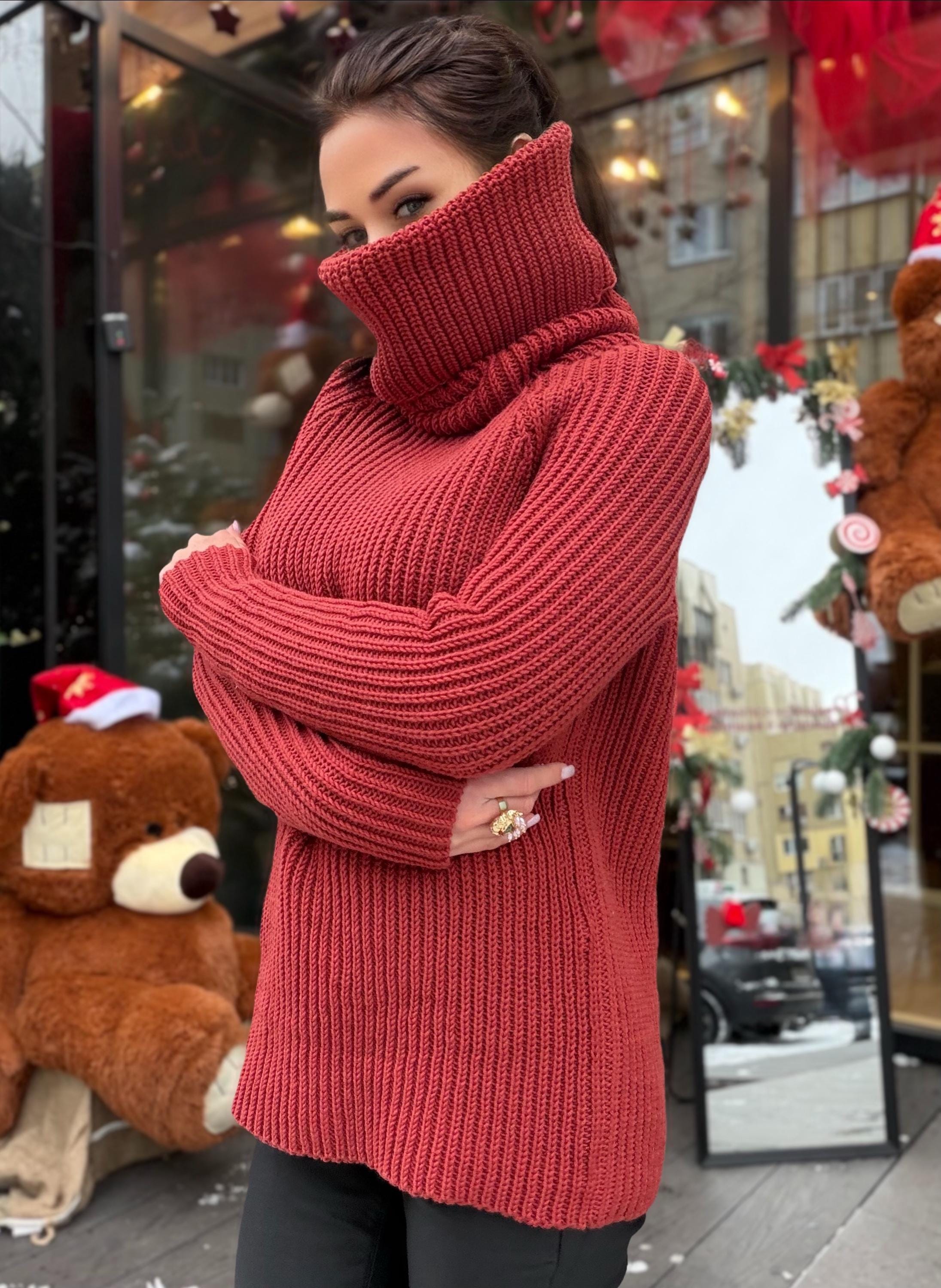 Hand knit merino wool terracotta brick red color big turtleneck high collar long sweaterdress Cable Knit Womens Chunky knit pullover