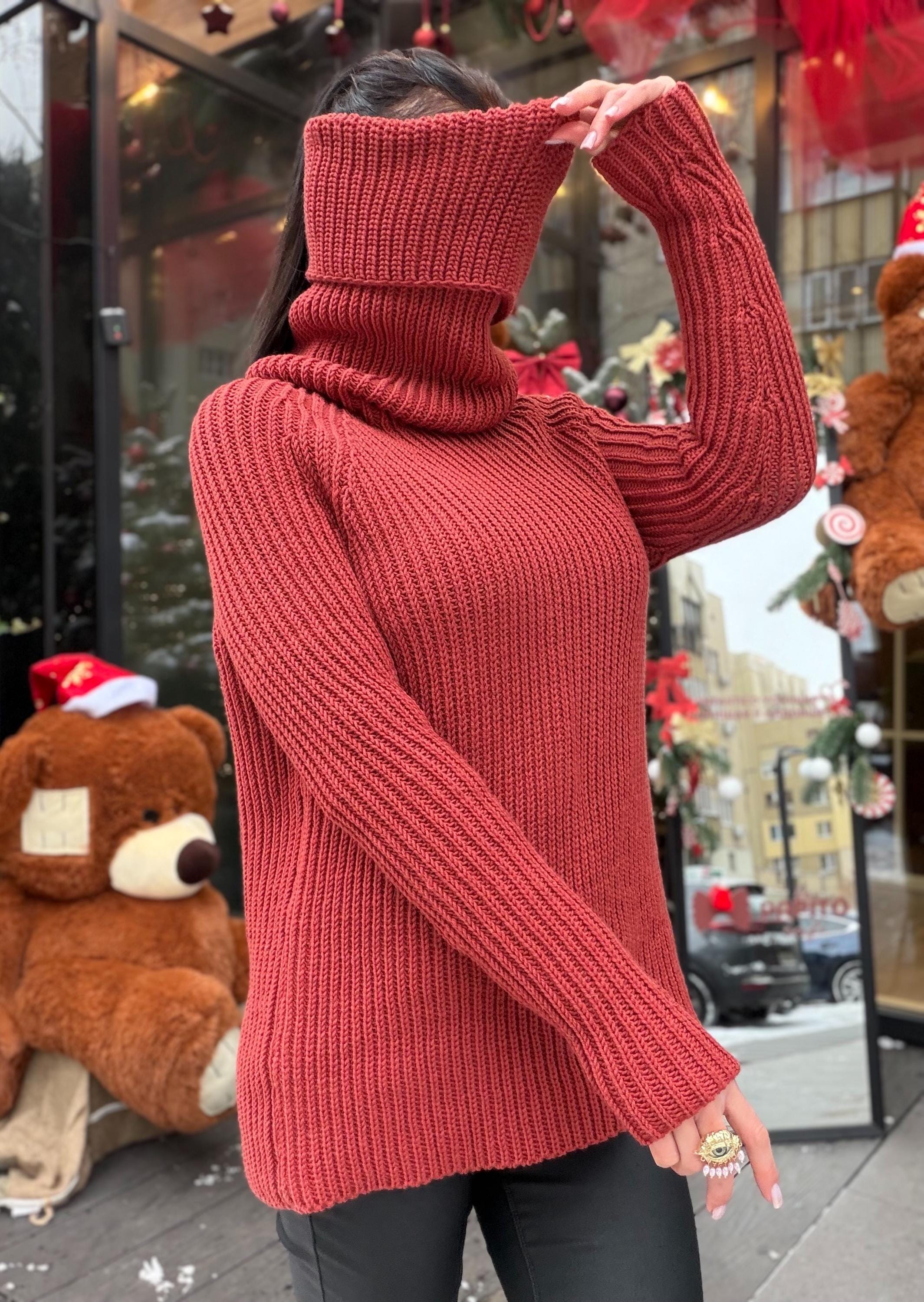 Hand knit merino wool terracotta brick red color big turtleneck high collar long sweaterdress Cable Knit Womens Chunky knit pullover