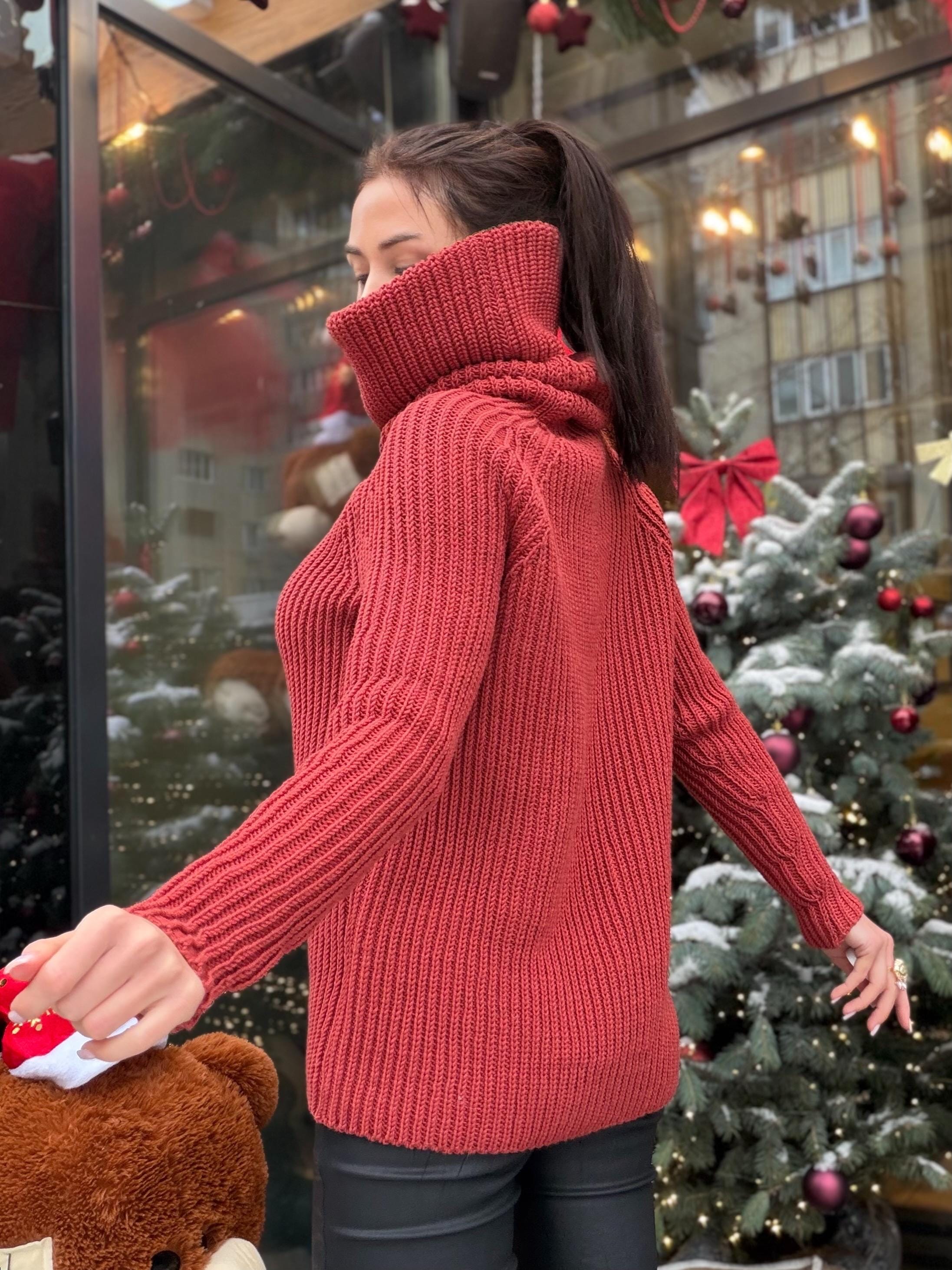 Hand knit merino wool terracotta brick red color big turtleneck high collar long sweaterdress Cable Knit Womens Chunky knit pullover