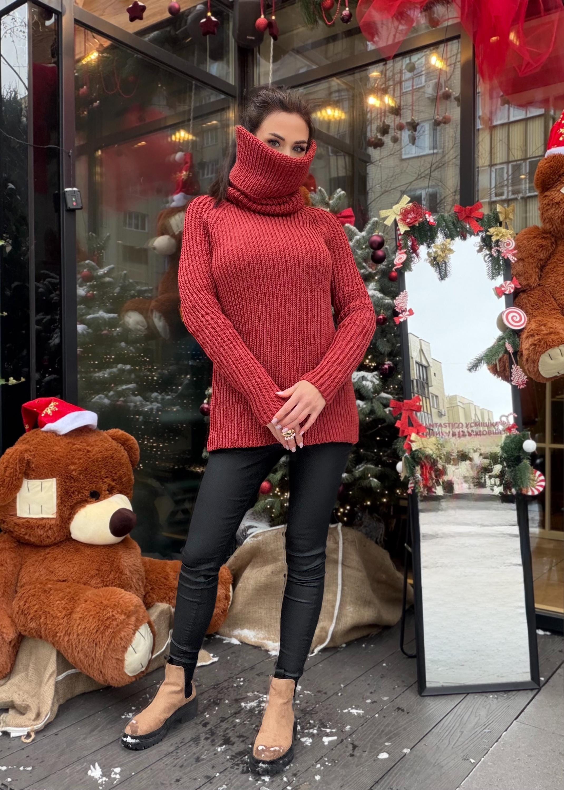 Hand knit merino wool terracotta brick red color big turtleneck high collar long sweaterdress Cable Knit Womens Chunky knit pullover