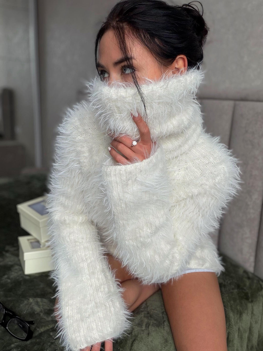 Hand knit white milk fluffy big merino wool cream turtleneck sweater High collar long soft chunky knit sweater dress Cable knit big pullover