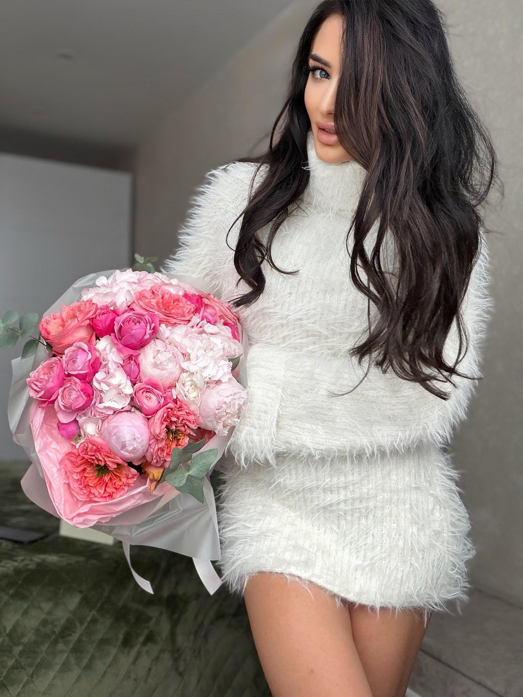 Hand knit white milk fluffy big merino wool cream turtleneck sweater High collar long soft chunky knit sweater dress Cable knit big pullover