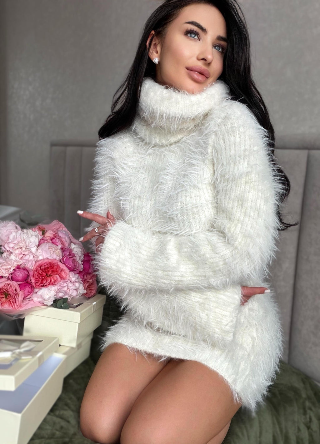 Hand knit white milk fluffy big merino wool cream turtleneck sweater High collar long soft chunky knit sweater dress Cable knit big pullover