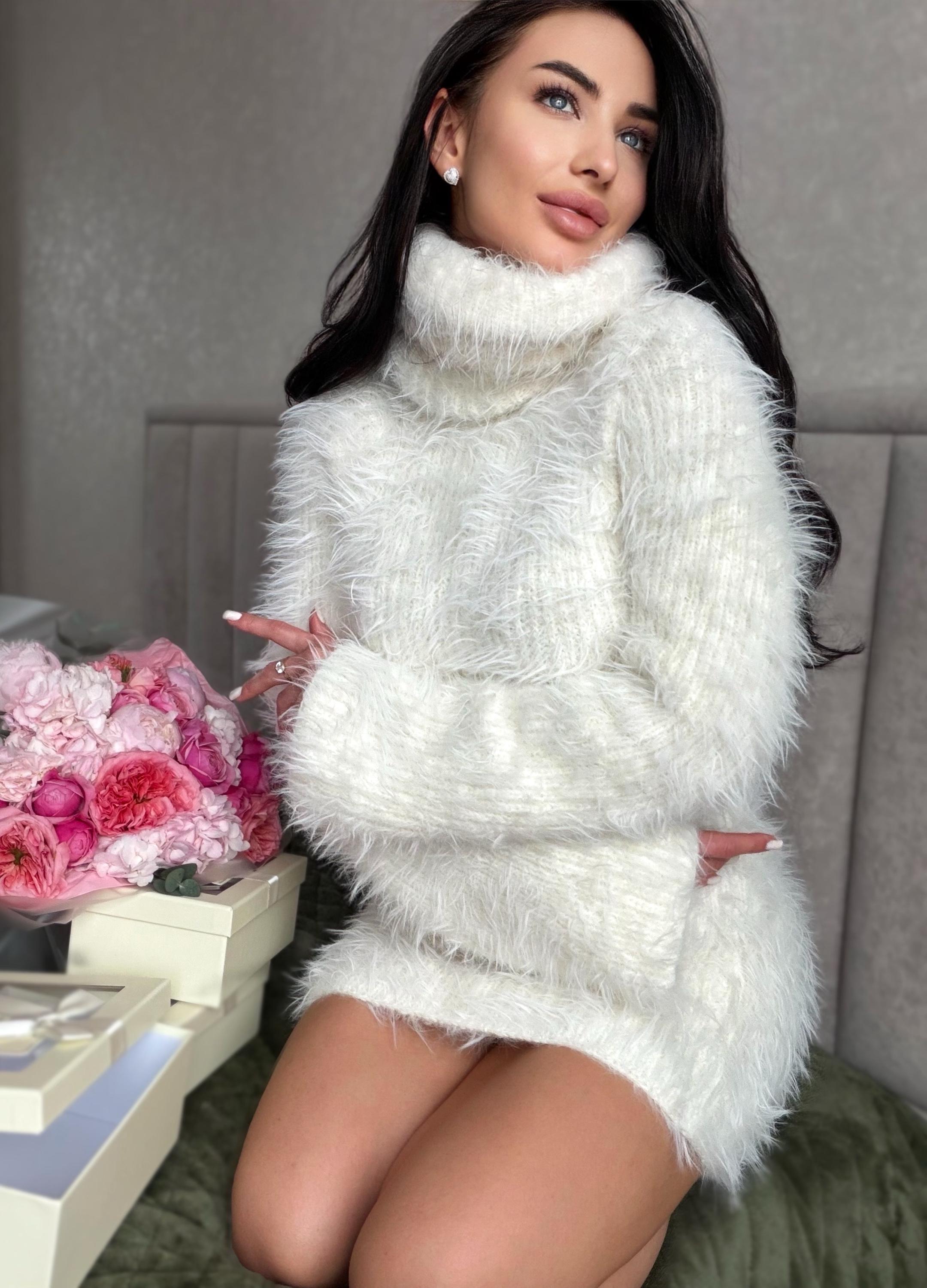 Hand knit white milk fluffy big merino wool cream turtleneck sweater High collar long soft chunky knit sweater dress Cable knit big pullover