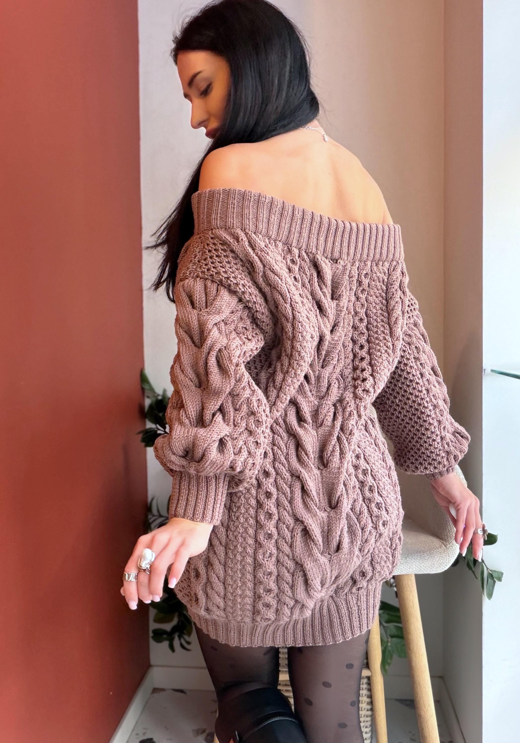Hand knit light beige cocoa color Off shoulder 100% merino wool sweater dress Long Cable knit sweater one shoulder dress Big cozy dress