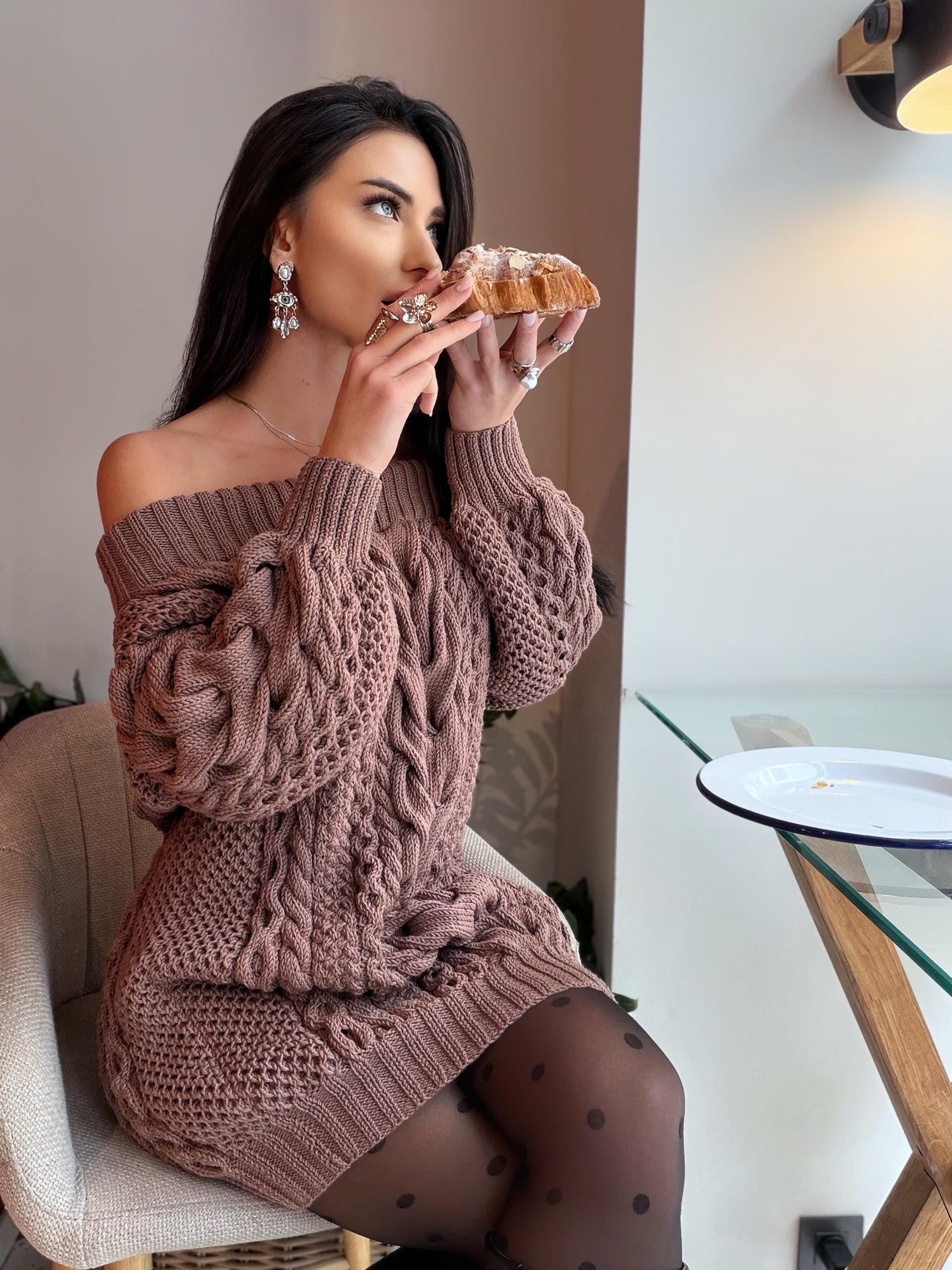 Hand knit light beige cocoa color Off shoulder 100% merino wool sweater dress Long Cable knit sweater one shoulder dress Big cozy dress