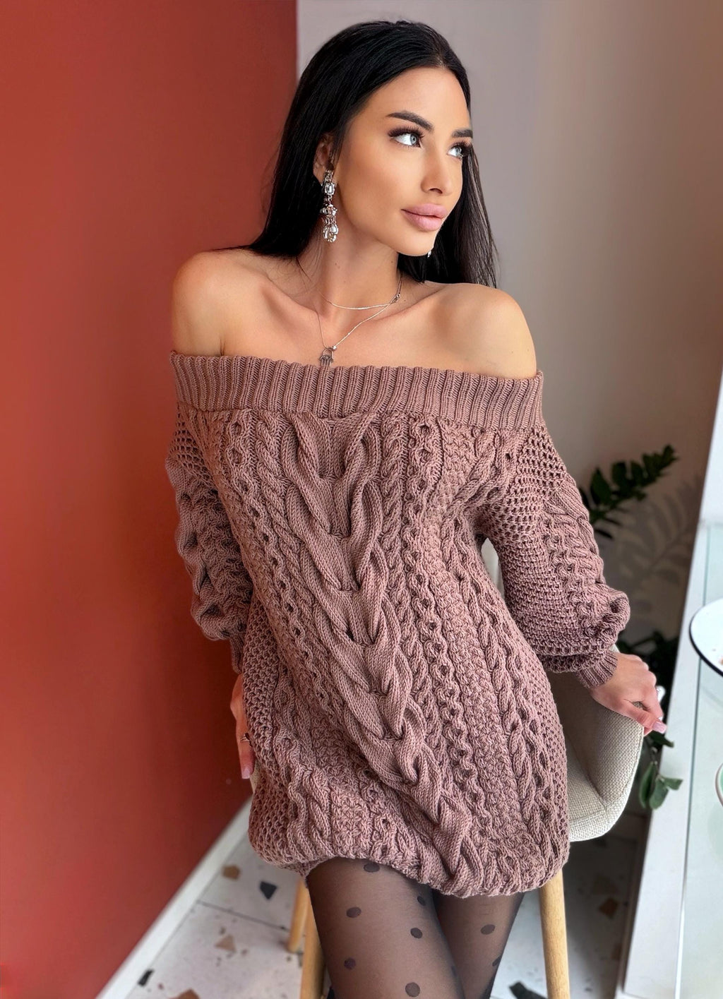 Hand knit light beige cocoa color Off shoulder 100% merino wool sweater dress Long Cable knit sweater one shoulder dress Big cozy dress