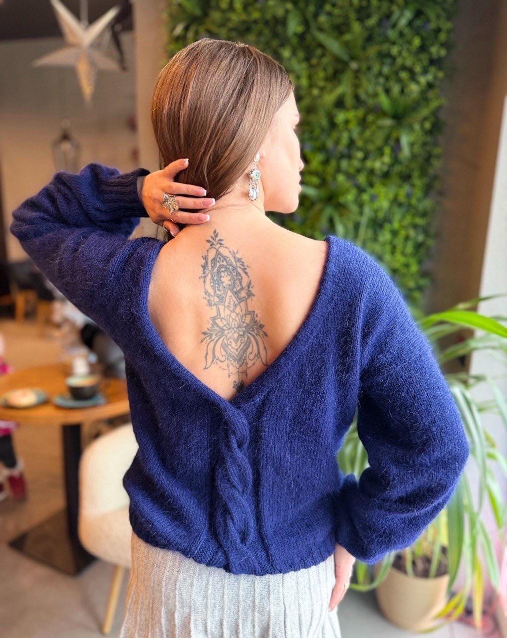 Hand knit angora wool V sweater open back reversible sweater Deep neckline Knit fluffy angora dark blue pullover Loose fit oversized V-neck