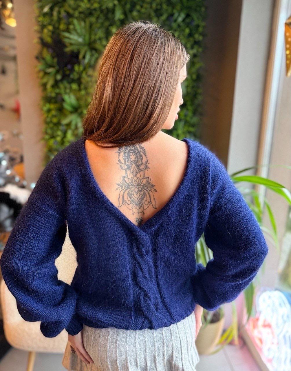 Hand knit angora wool V sweater open back reversible sweater Deep neckline Knit fluffy angora dark blue pullover Loose fit oversized V-neck