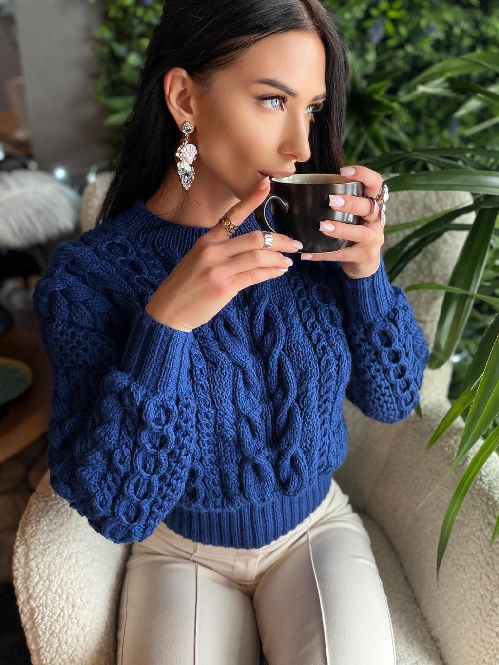 Cropped hand knit merino wool dark royal blue aran sweater top women Crop jumper Cable knitting Loose knit oversized High waist