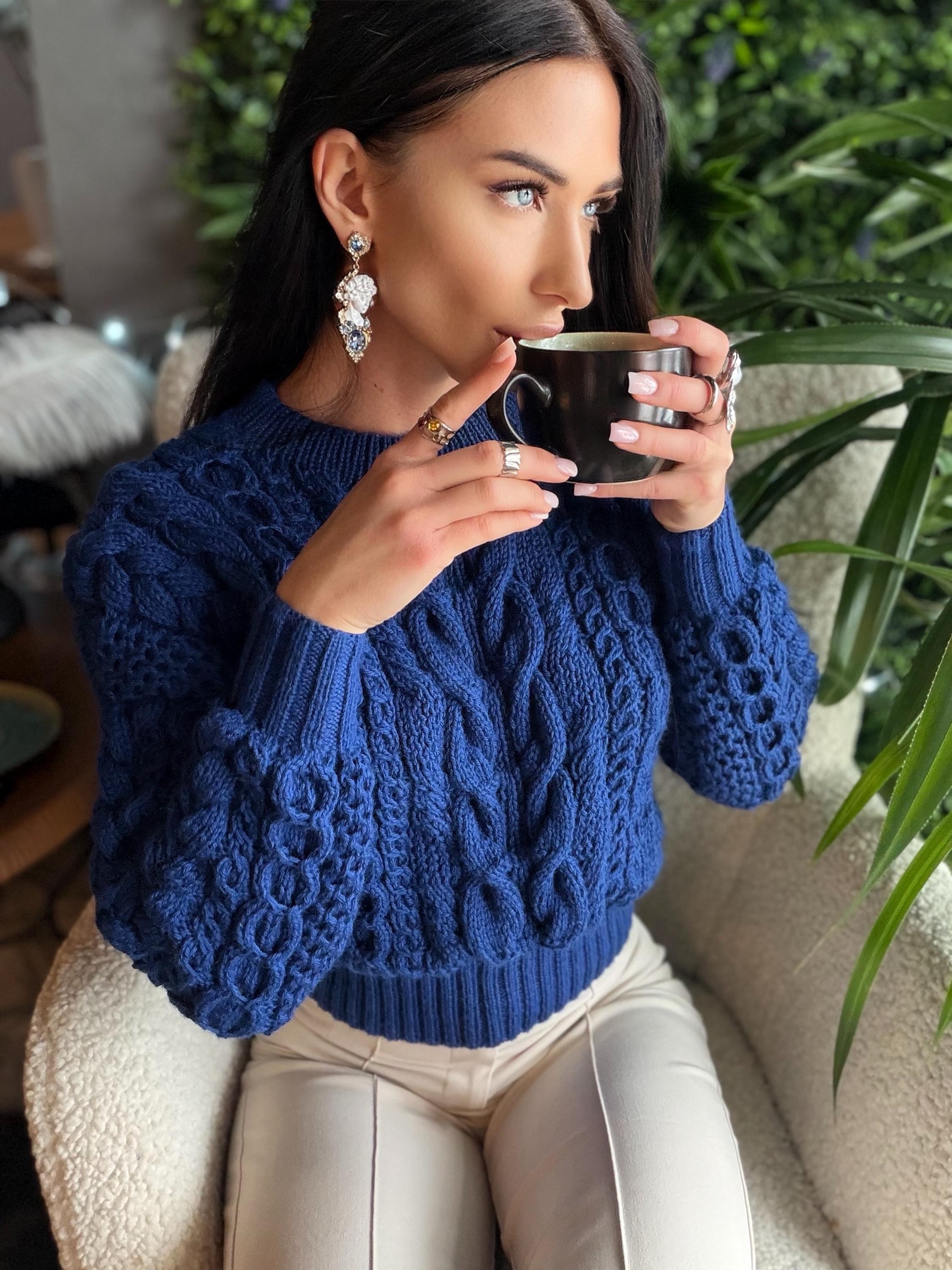 Cropped hand knit merino wool dark royal blue aran sweater top women Crop jumper Cable knitting Loose knit oversized High waist