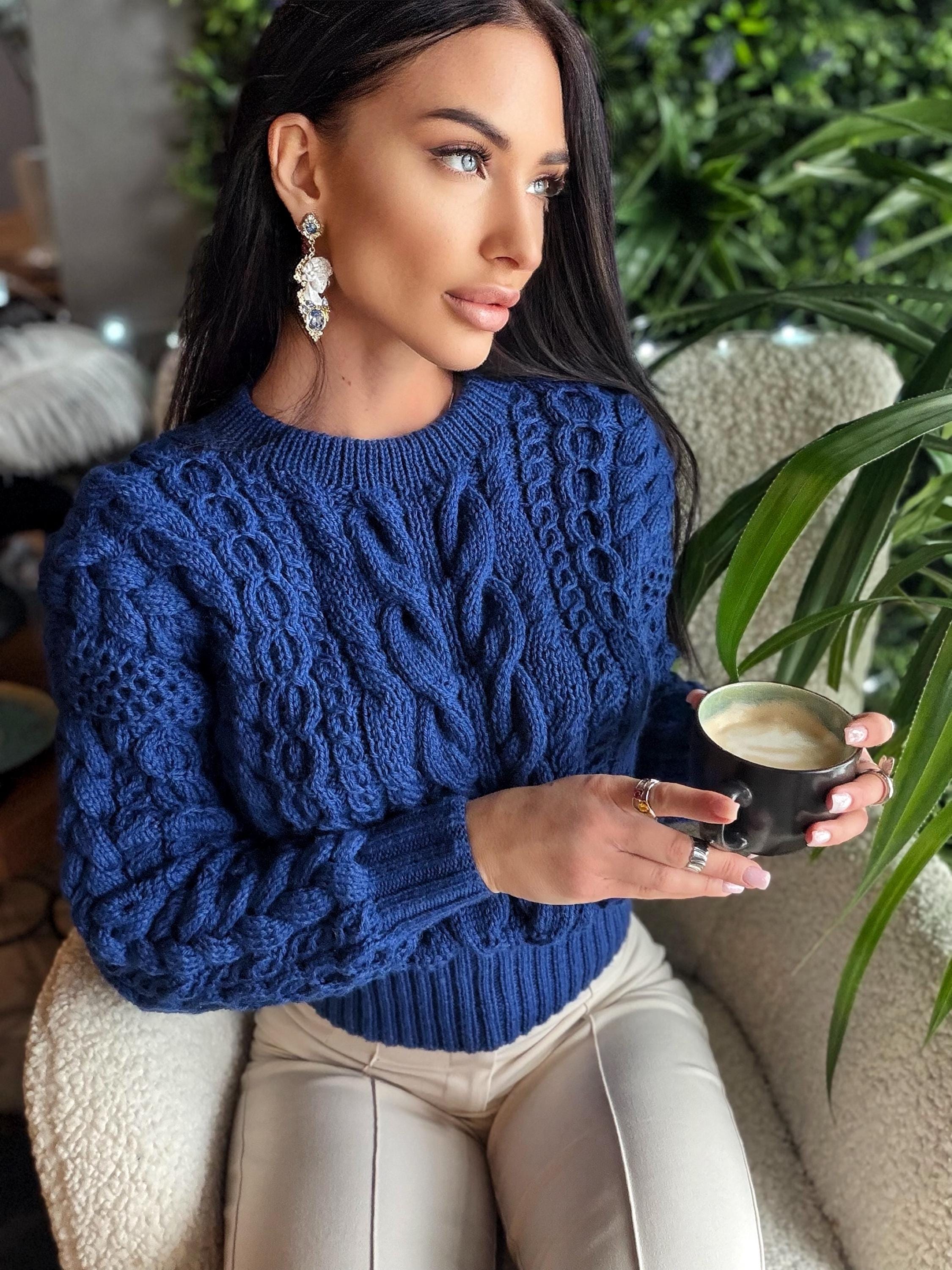 Cropped hand knit merino wool dark royal blue aran sweater top women Crop jumper Cable knitting Loose knit oversized High waist