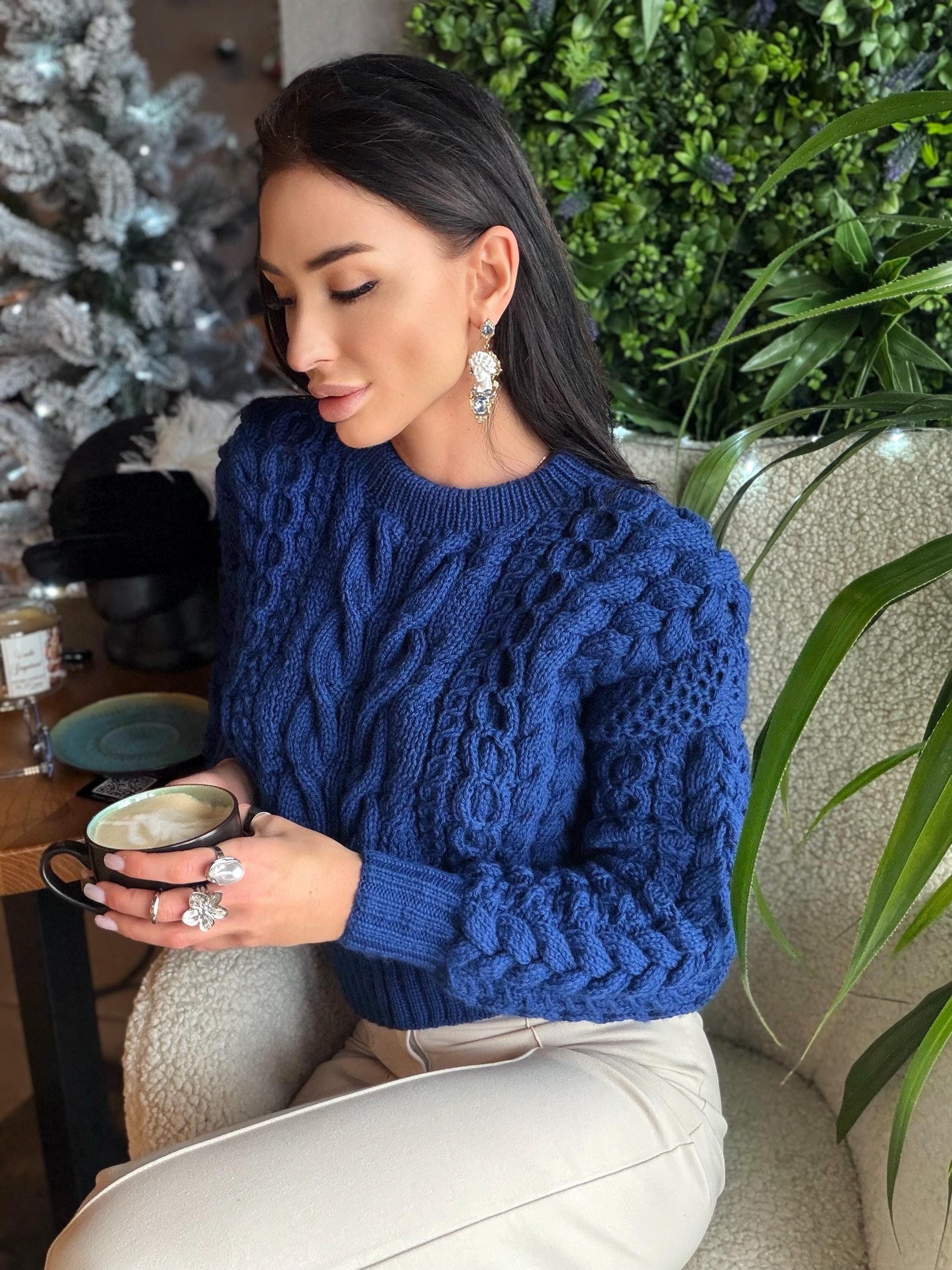 Cropped hand knit merino wool dark royal blue aran sweater top women Crop jumper Cable knitting Loose knit oversized High waist