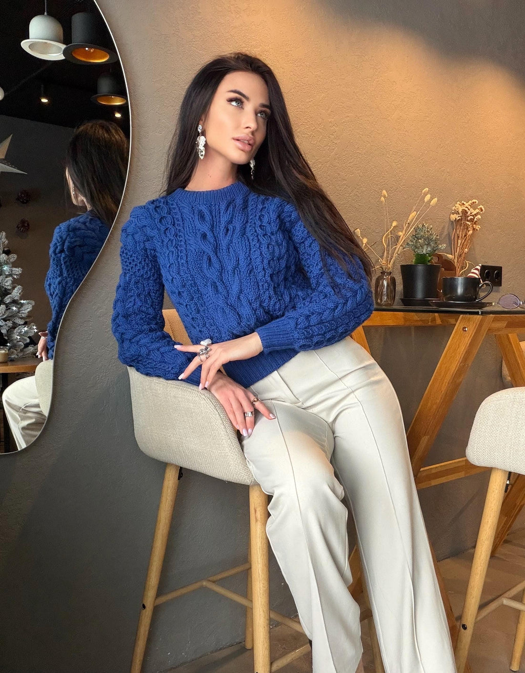 Crop merino wool hand knit royal blue aran sweater top women Crop chunky knit jumper Cable knitting Loose knit oversized High waist