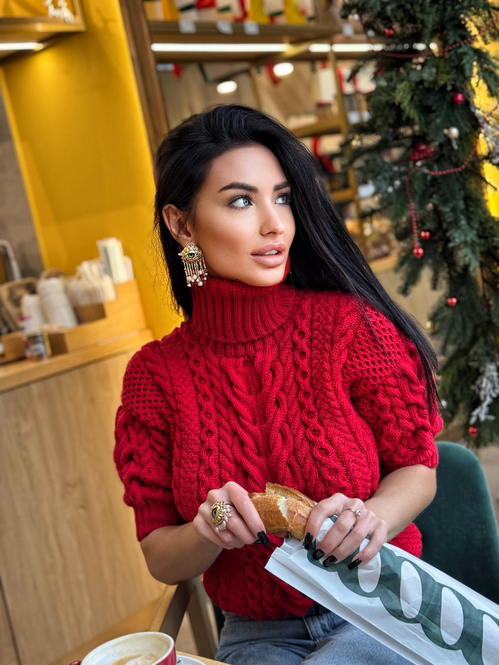 Chunky hand knit red turtleneck sweater top crop shot sleeves pullover Merino wool sweater half sleeve Women cable knit high collar sweater